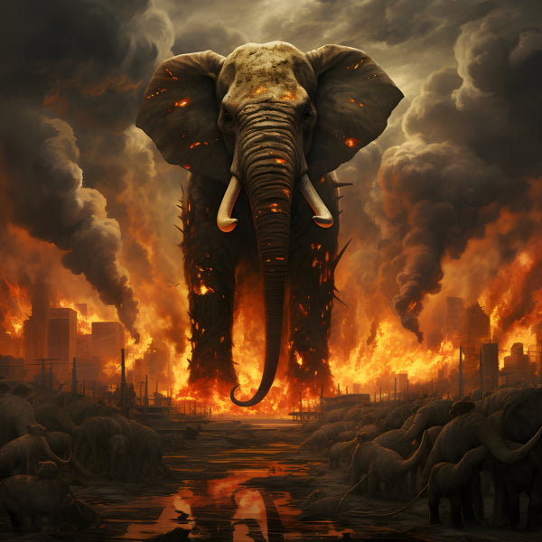 Vinyl Decal, Majestic elephant emerges from flames in a surreal (5" x 7")