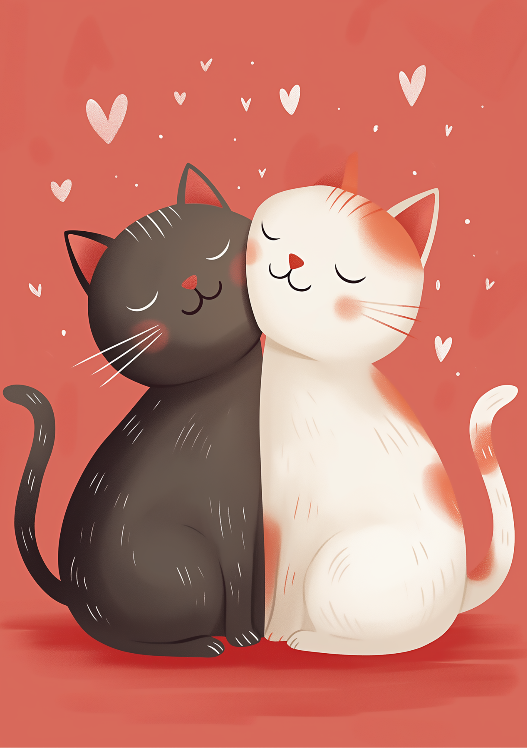 Vinyl Decal, Two Adorable Feline Friends Embracing Sweetly on a Warm Background with Scattered Heart
