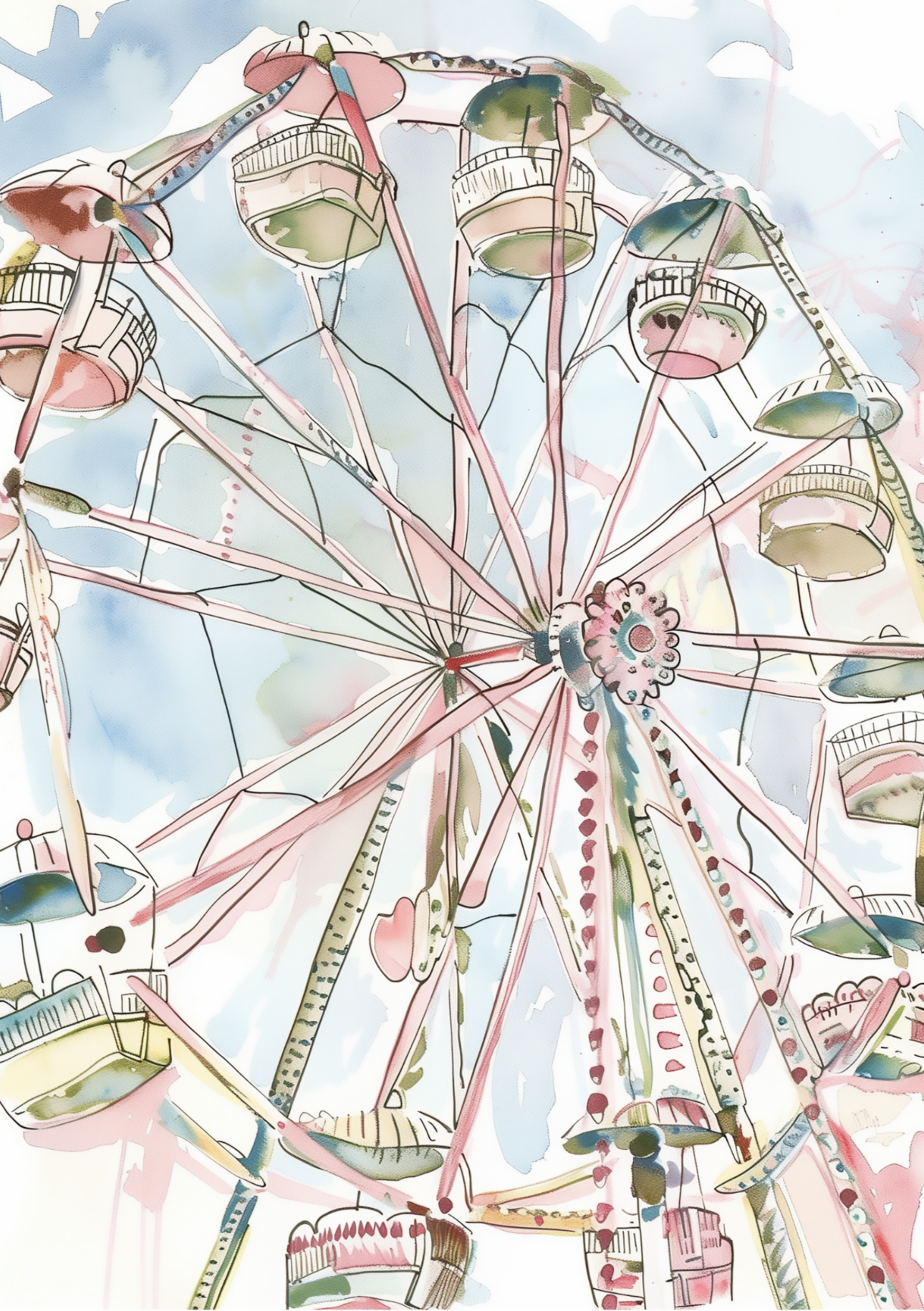Vinyl Decal, Aesthetic Watercolor Style Artwork of a Large Observation Wheel Structure (5" x 7")