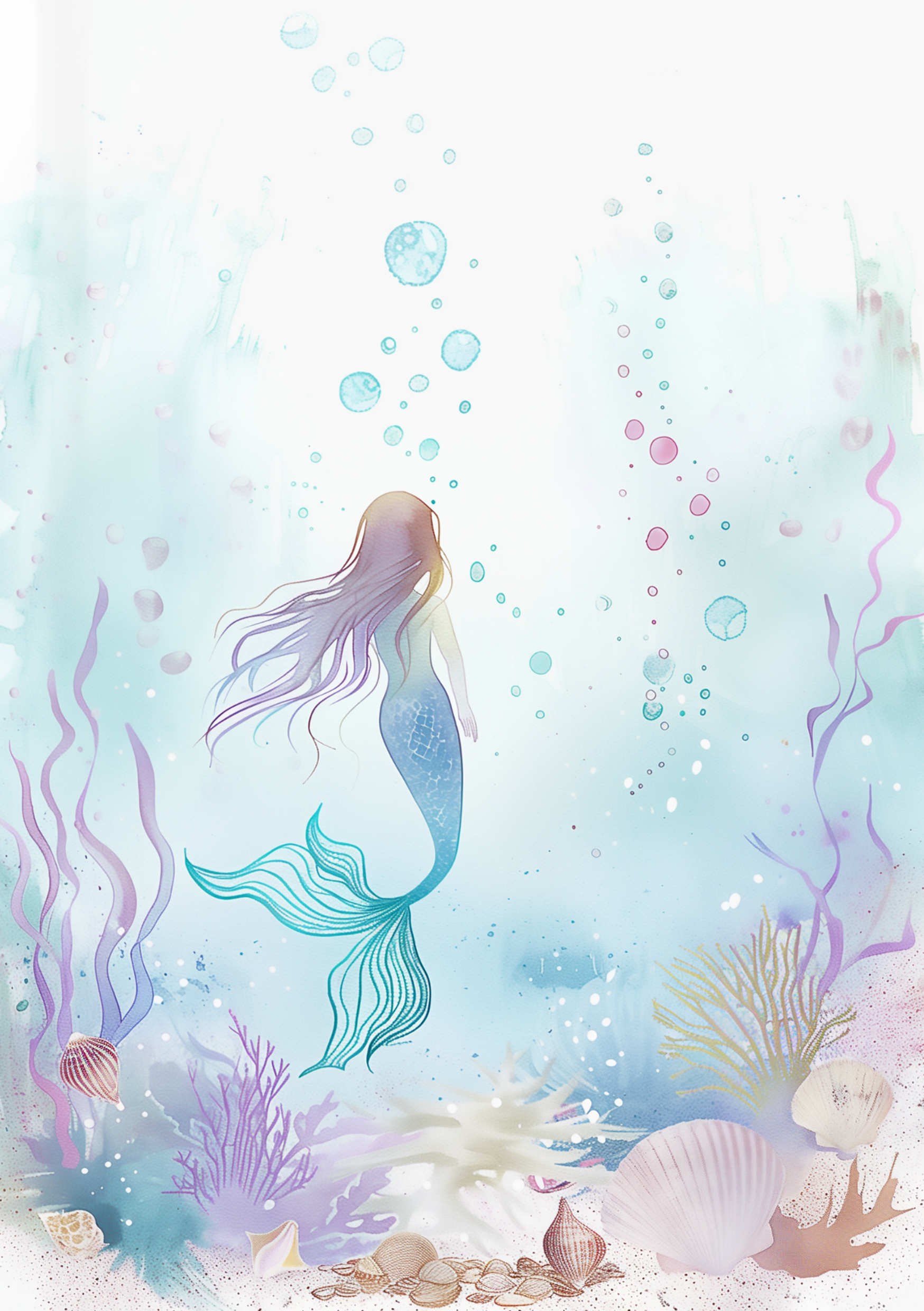 Vinyl Decal, Ethereal Aquatic Life Illustration | Gentle Ocean Scene Art Print | Mystical Swimming F