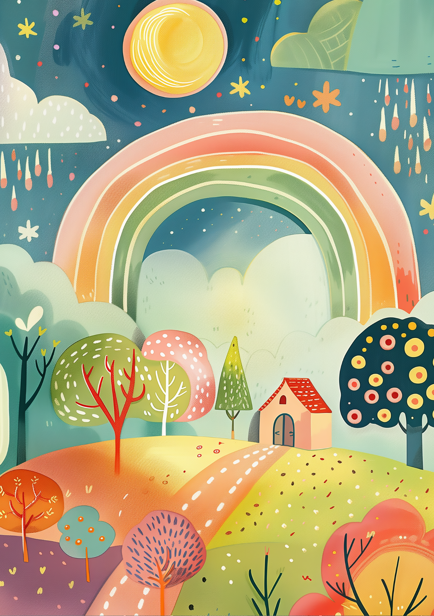 Vinyl Decal, Peaceful Dreamy Landscape with a Colorful Arch and a Cozy Little Dwelling (5" x 7")