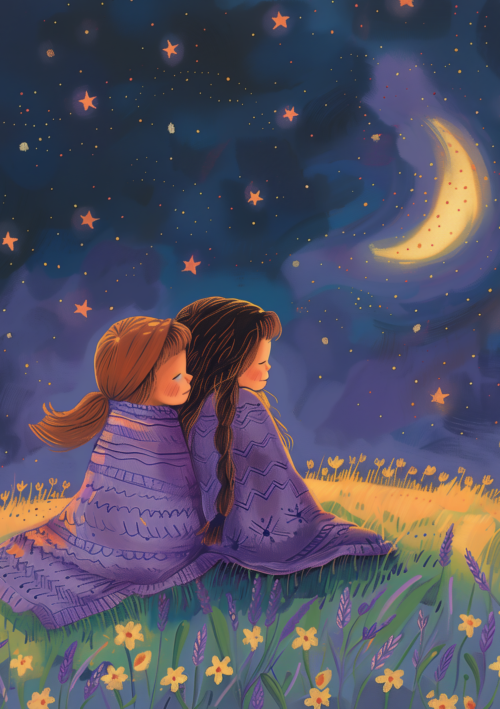 Vinyl Decal, Peaceful Night Sky Illustration Print for Home Decor, Cozy Two Friends Stargazing Art (