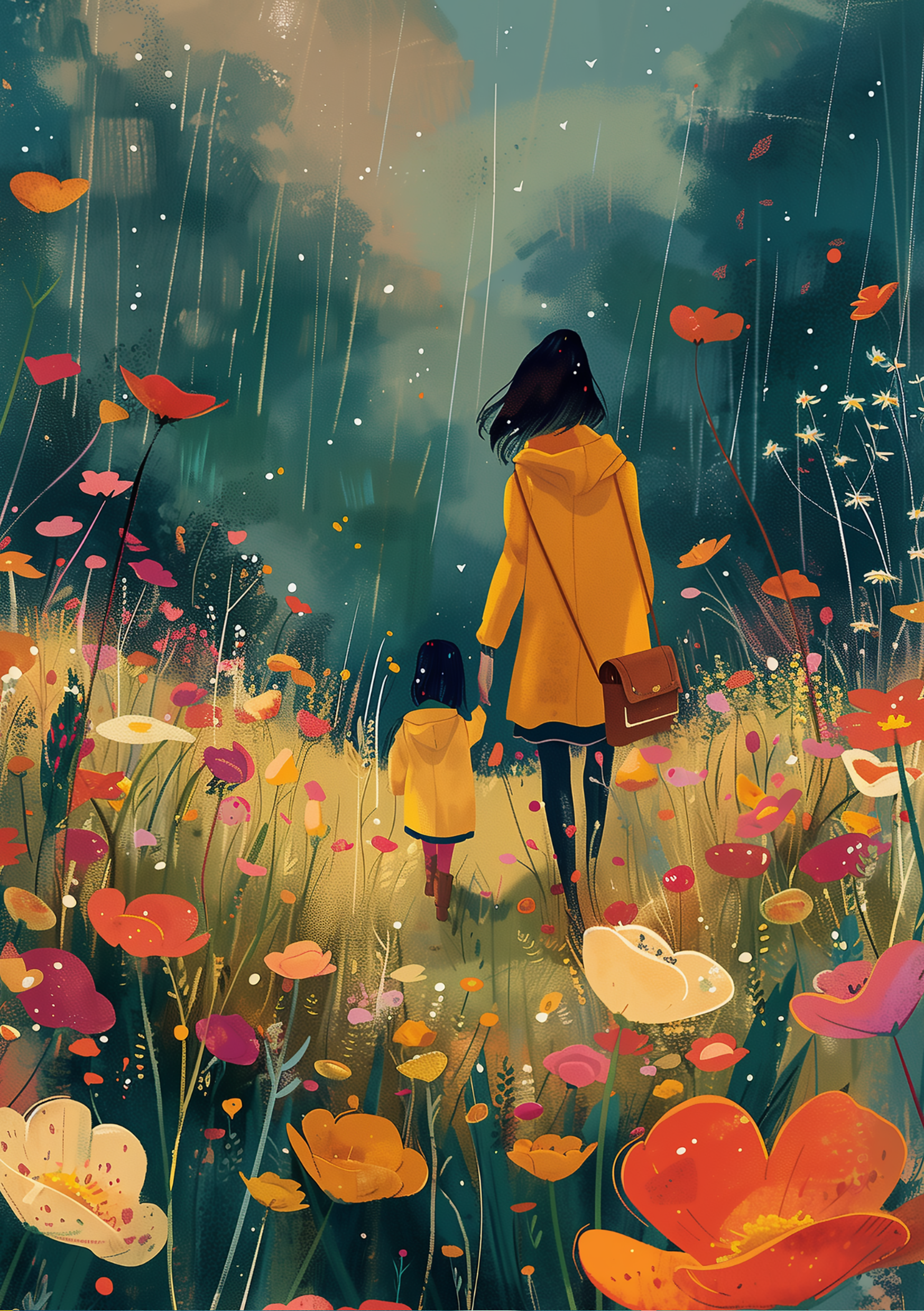 Vinyl Decal, Mother and Child Walking Hand in Hand Through a Vibrant Field of Flowers in the Rain, E