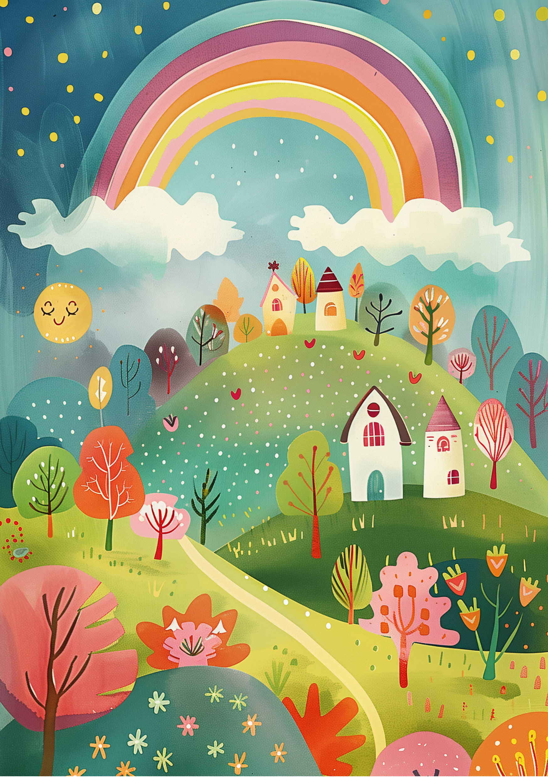 Vinyl Decal, Colorful Illustration of a Peaceful Village Scene Under a Bright Arc of Colors (5" x 7"
