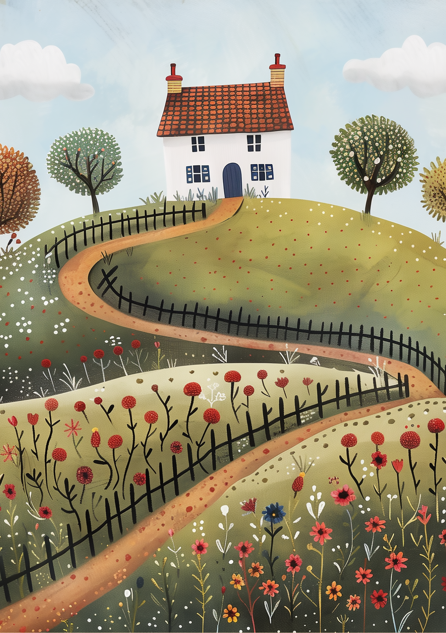 Vinyl Decal, Charming Illustration of a Quaint Hillside Home with a Winding Path, Simple Fencing, Co