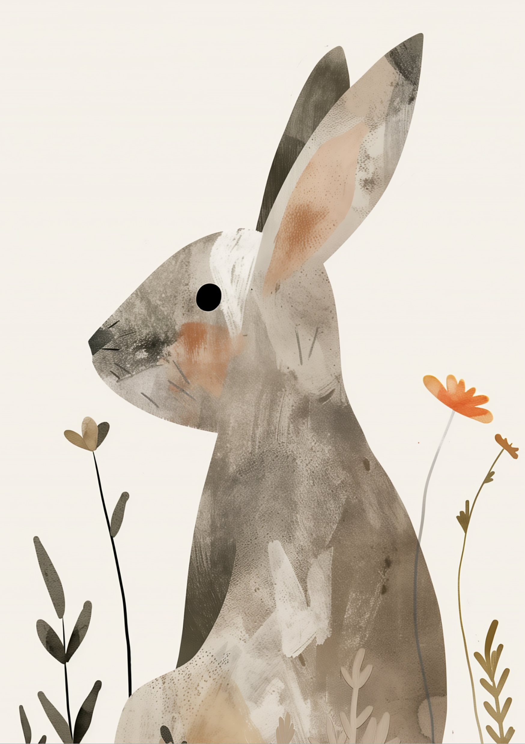 Vinyl Decal, Artistic Watercolor Illustration of a Hare in Natural Hues, Subtle Botanical Elements, 