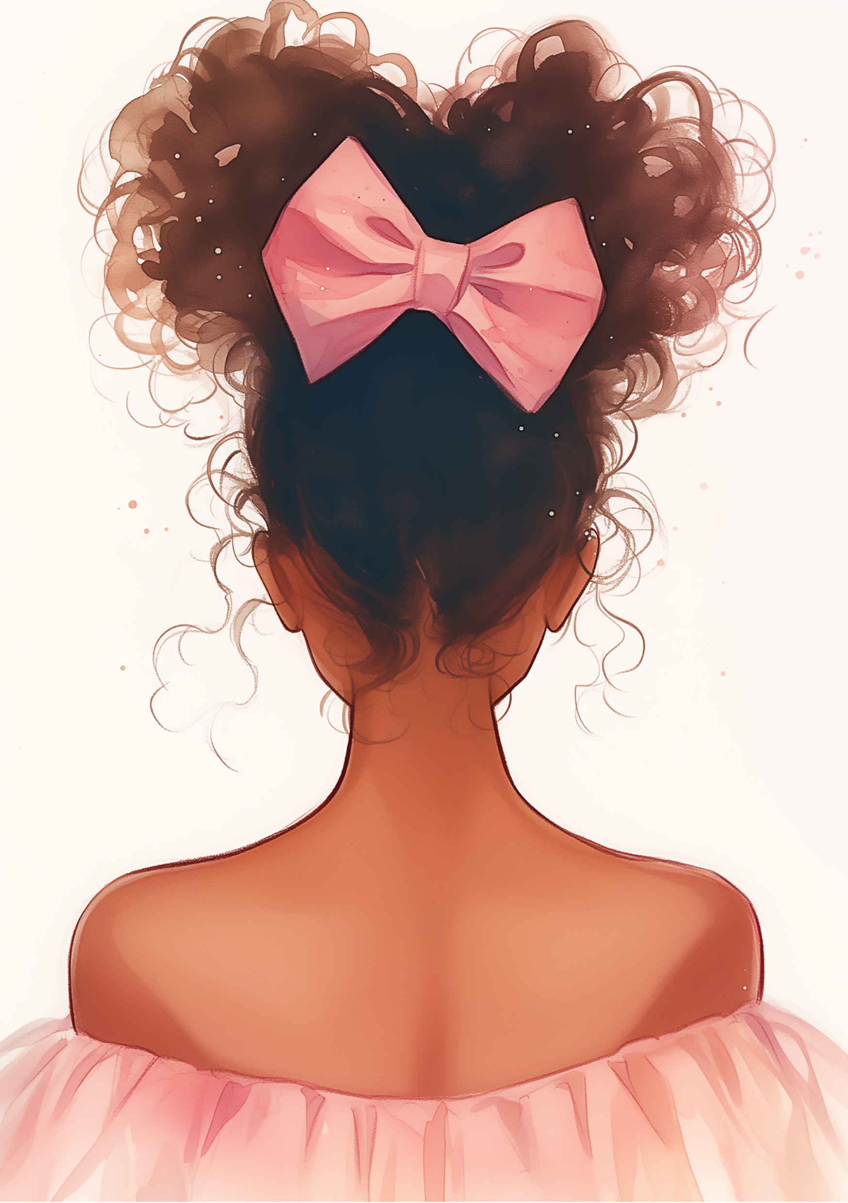 Vinyl Decal, Charming Illustration of a Young Person with Curly Hair and a Large Pink Bow Wearing a 