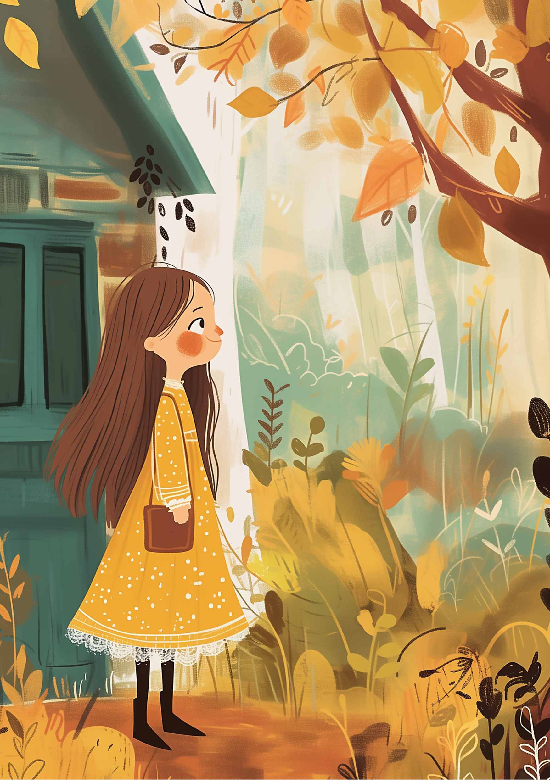 Vinyl Decal, Charming Autumn Illustration Print of a Girl in a Yellow Dress (5" x 7")