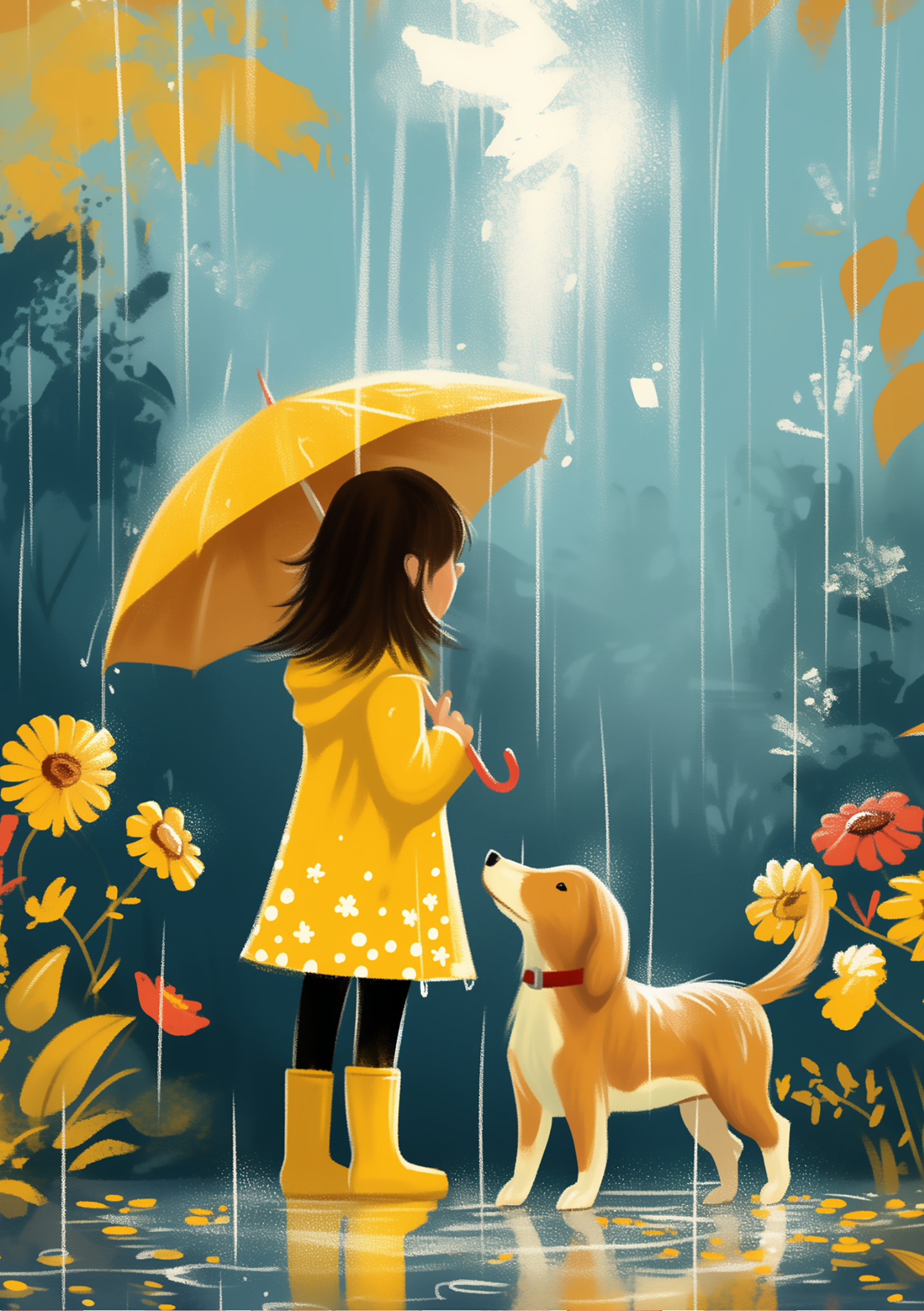 Vinyl Decal, Heartwarming Scene of Friendship and Joy on a Rainy Day (5" x 7")