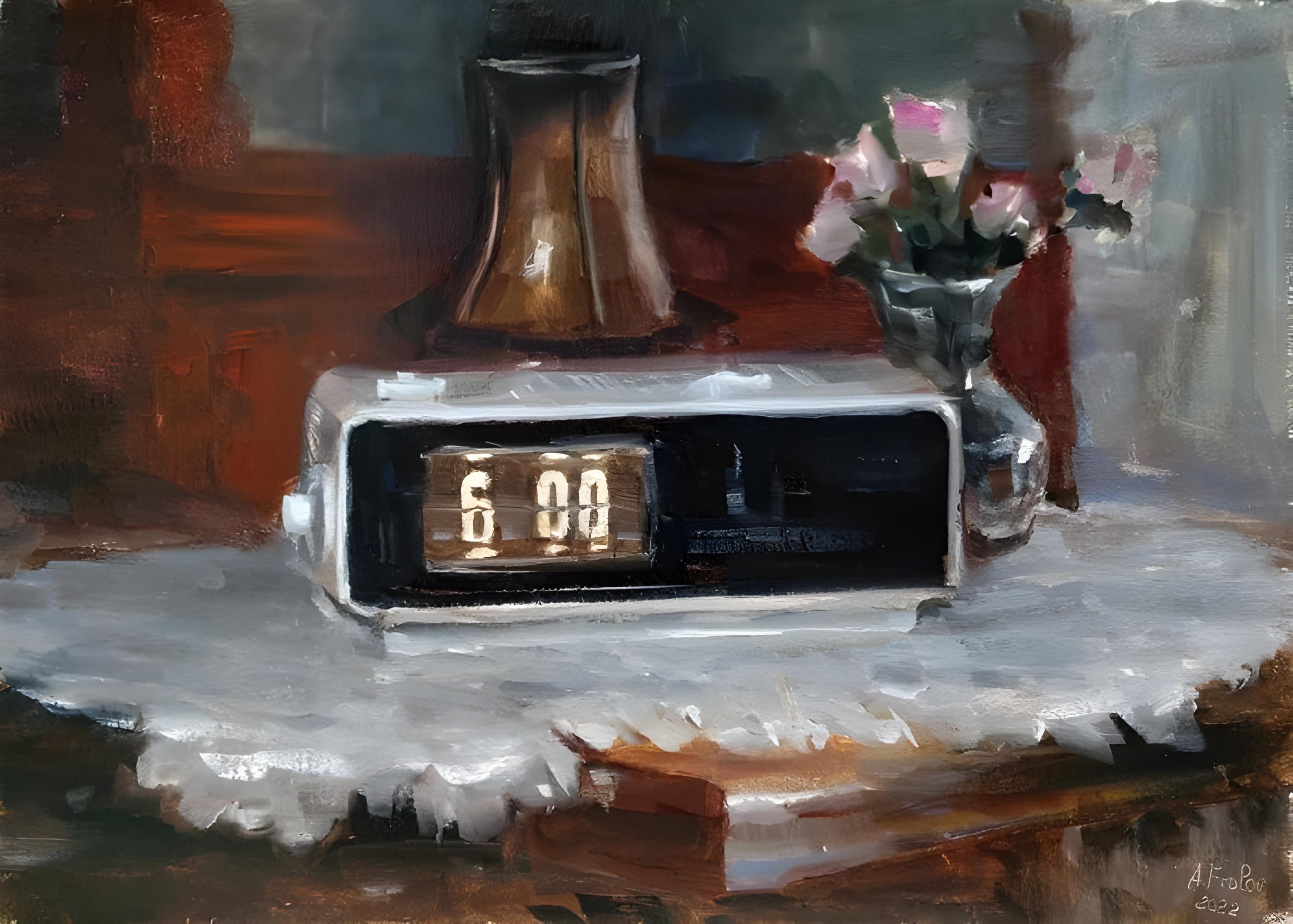 Vinyl Decal, Quiet Morning Scene with a Timepiece and Floral Arrangement (5" x 7")