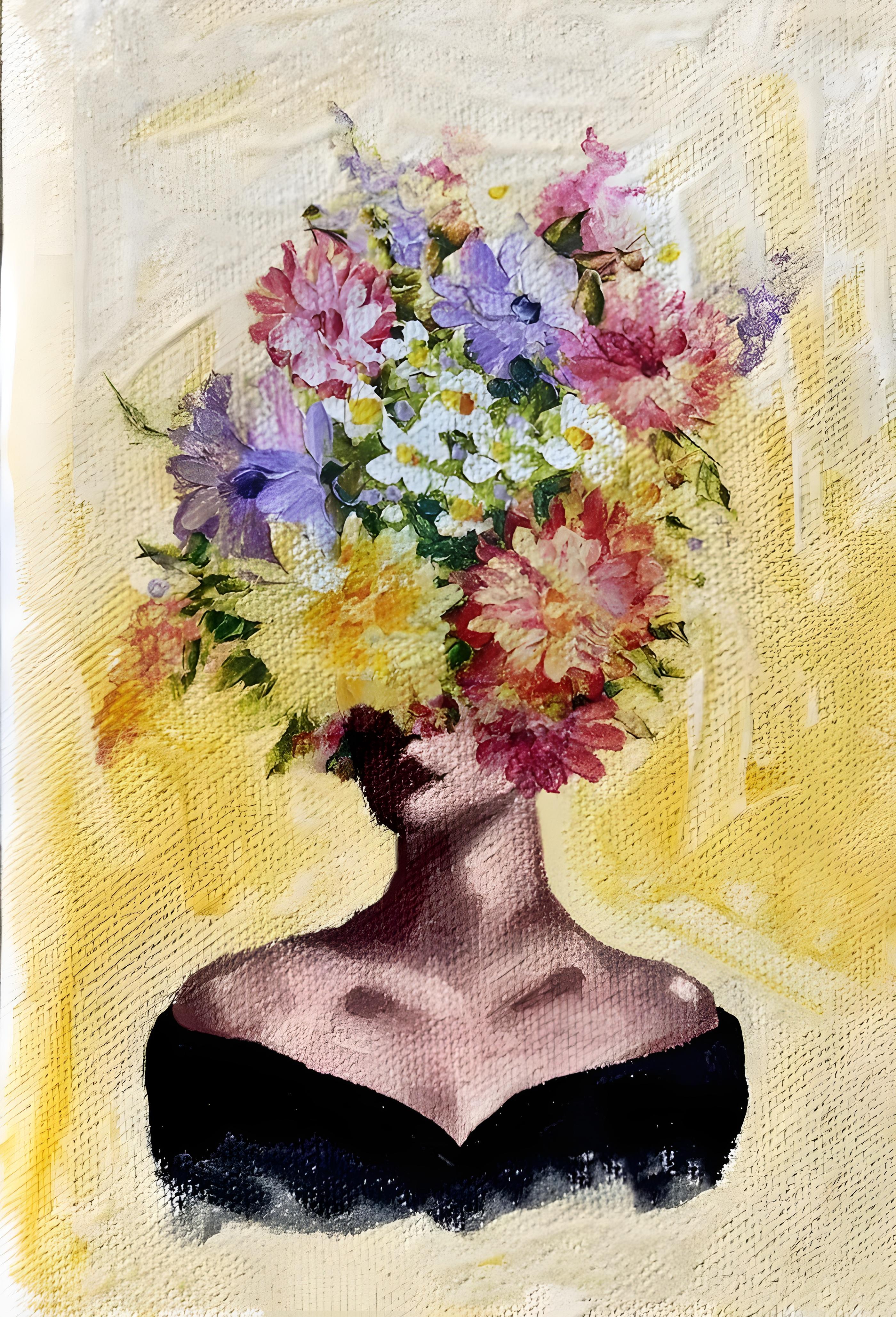Vinyl Decal, Abstract Impressionist Painting of a Figure with a Bright Garden Bouquet Head, Ready to