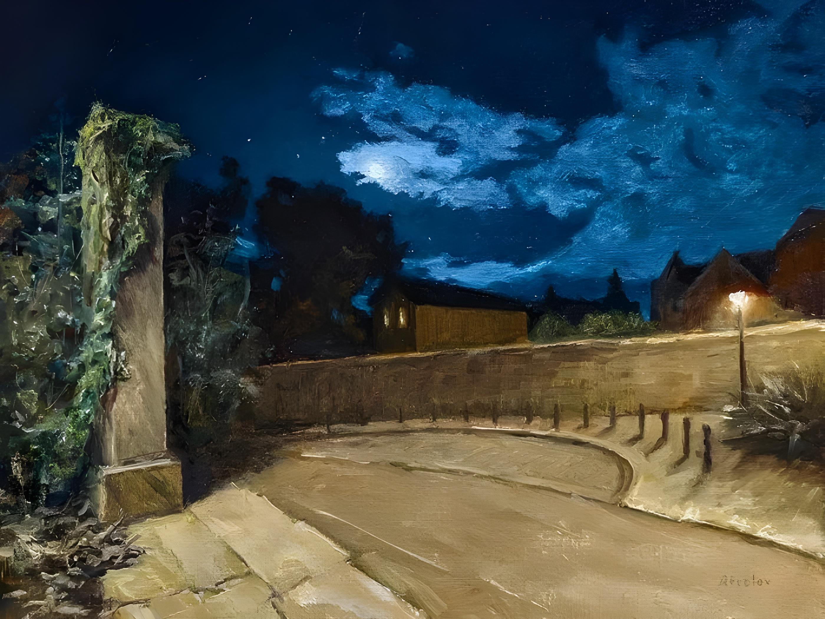 Vinyl Decal, Moonlit Evening Street Scene Original Artwork on Canvas - Moody Night Sky (5" x 7")