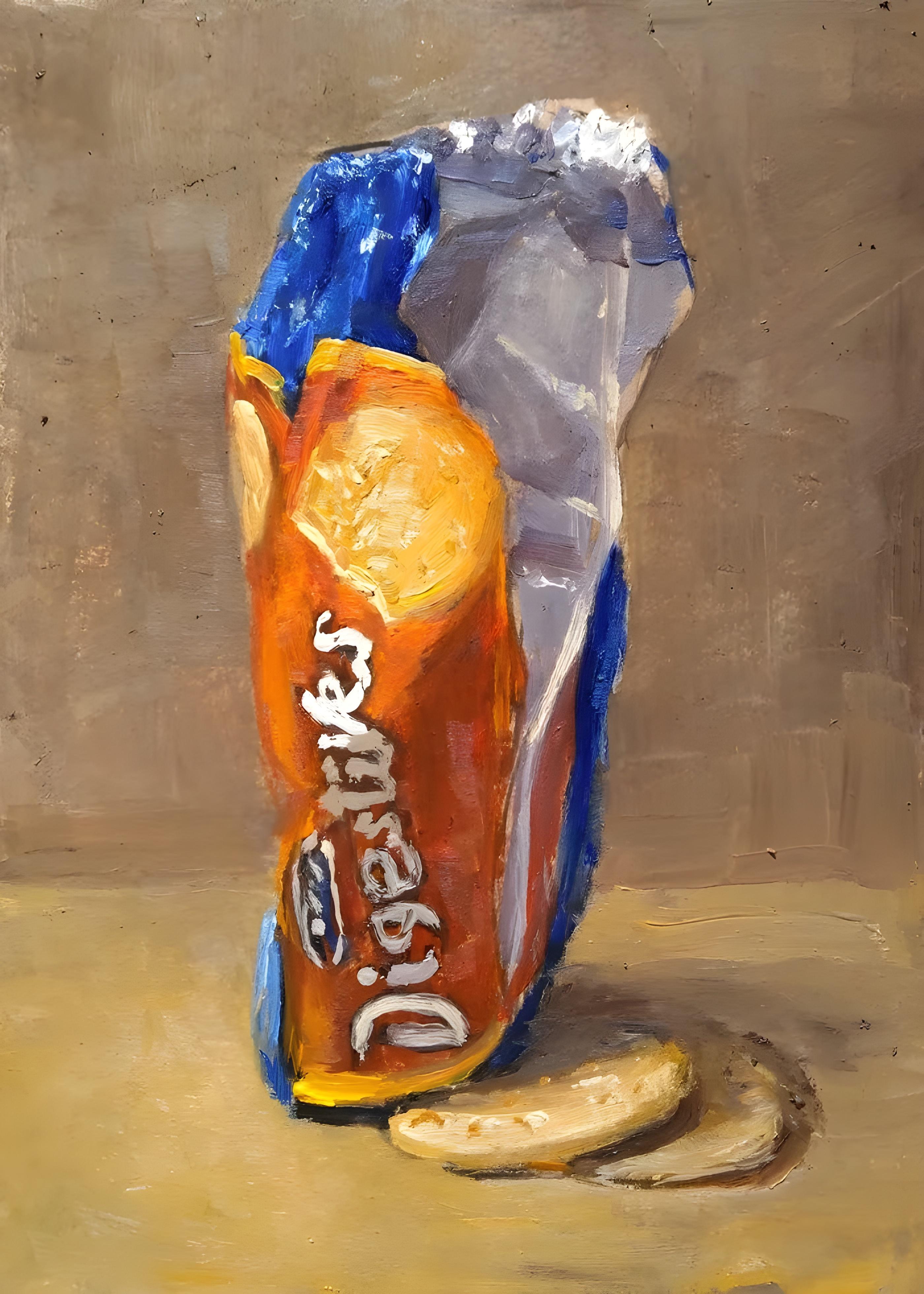 Vinyl Decal, Still Life Oil Painting of a Partially Open Package and Two Round Baked Items on a Neut