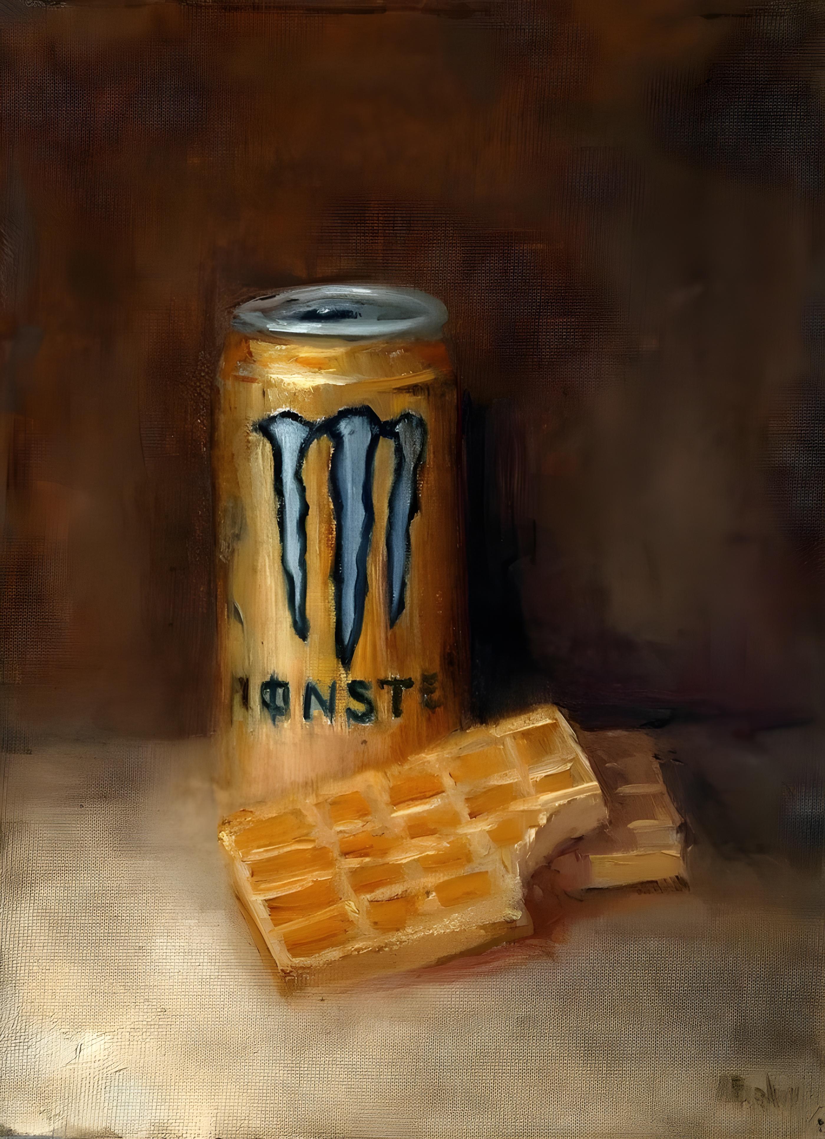 Vinyl Decal, Still Life Oil Painting Print of an Open Tall Beverage Can and Waffles on a Tabletop, W