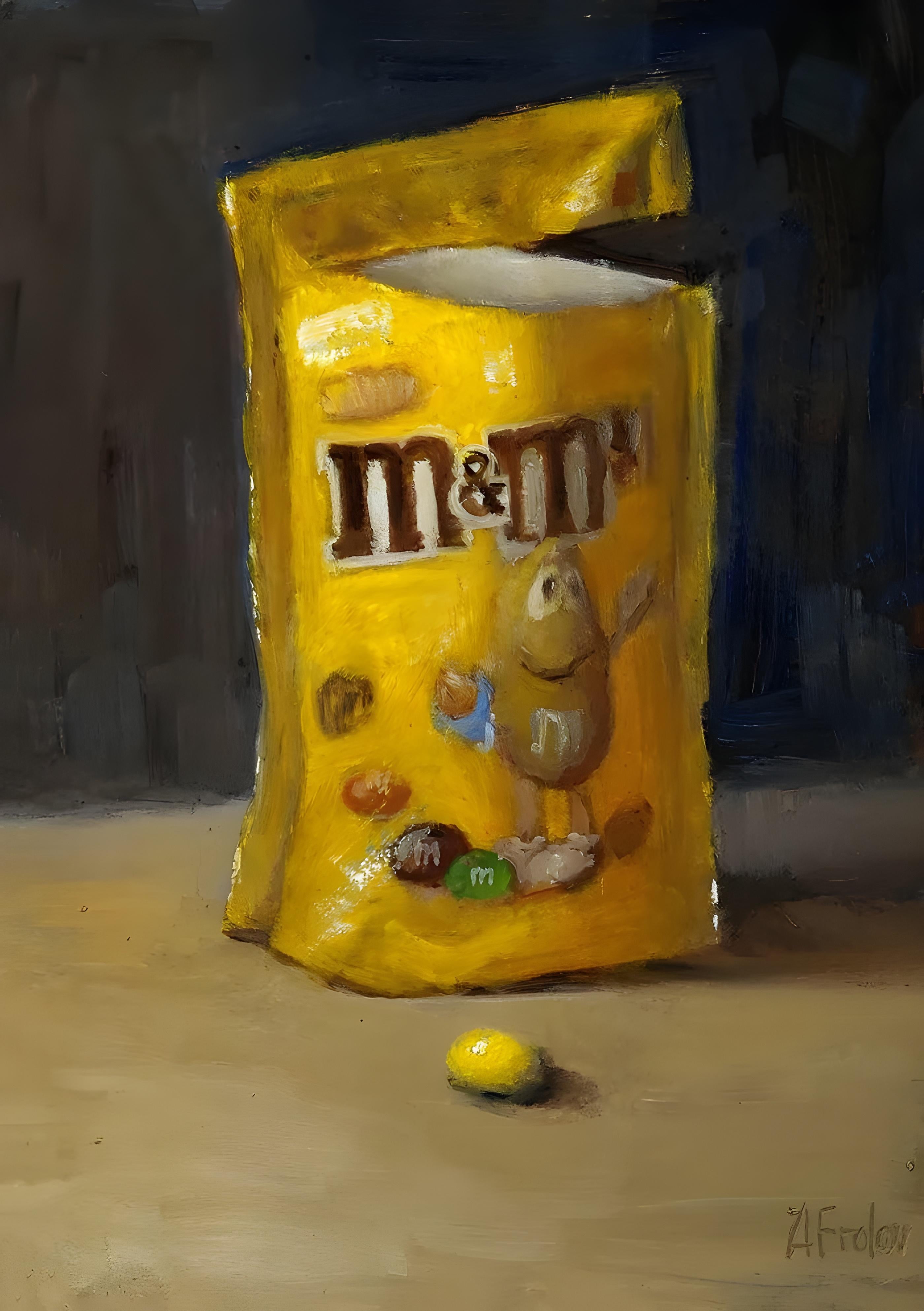 Vinyl Decal, Vibrant Still Life Oil Painting Capturing a Partially Open Yellow Package and a Single 