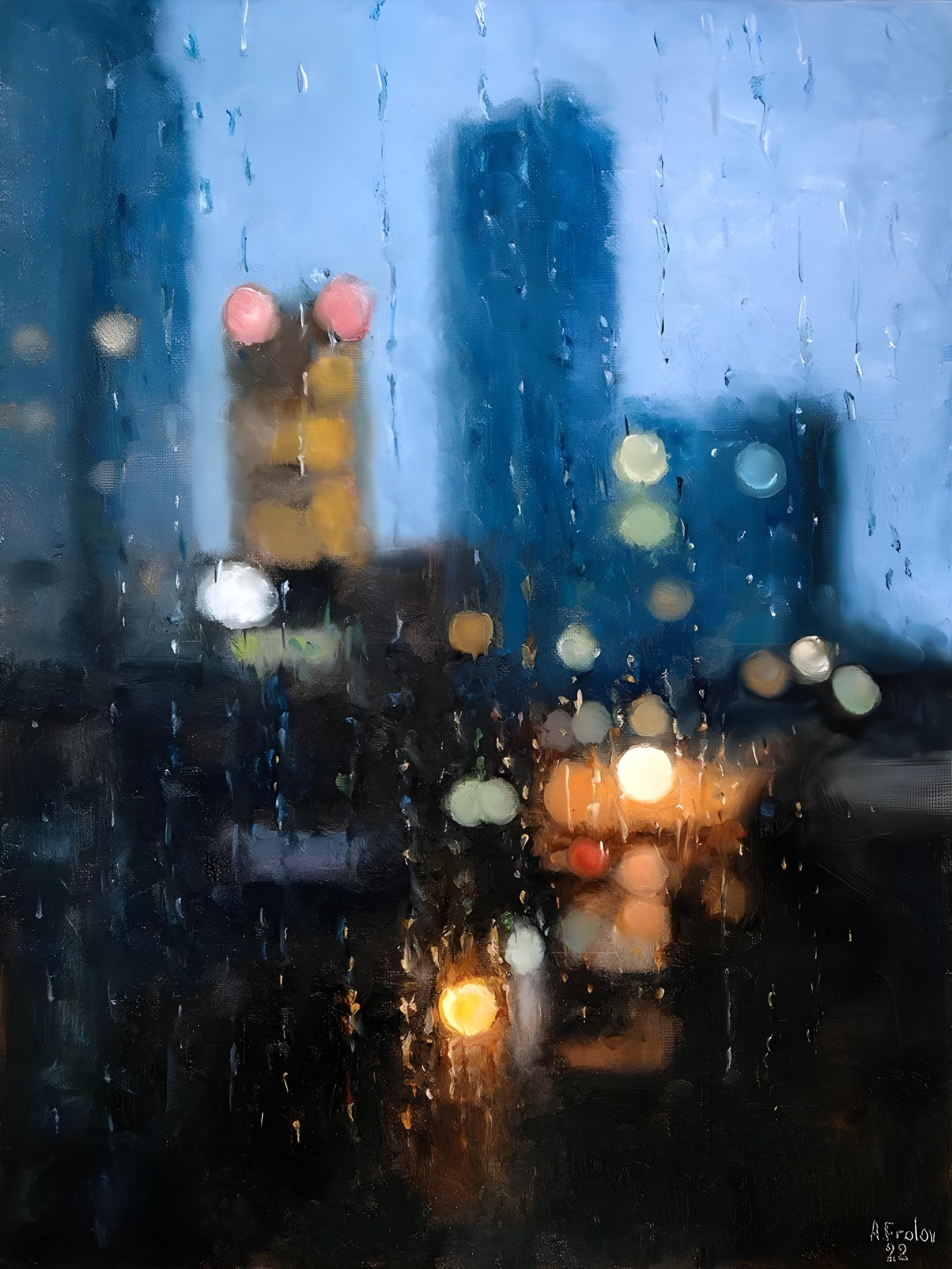 Vinyl Decal, Atmospheric Cityscape View Through Rain-Streaked Window Fine Art Print (5" x 7")