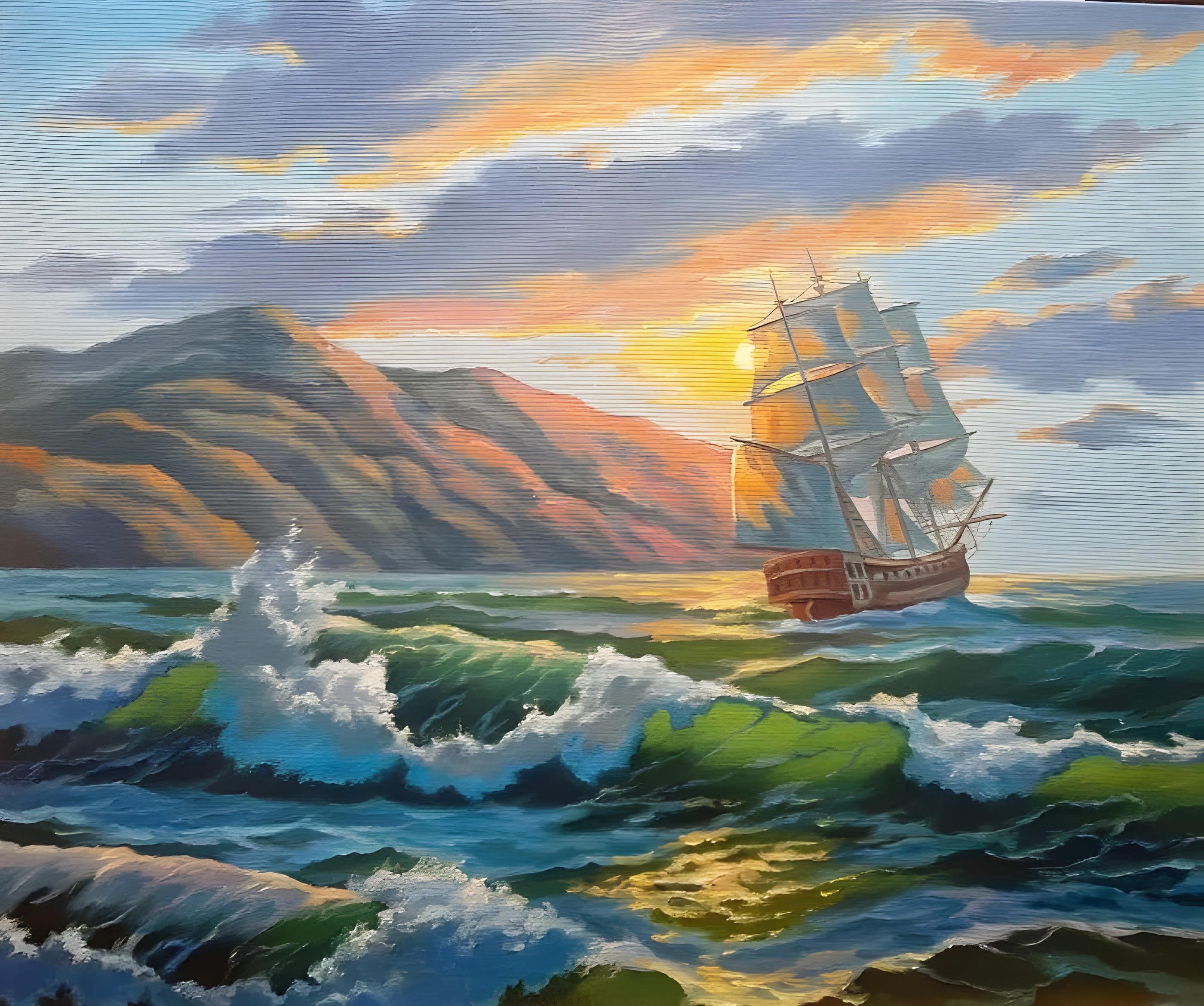 Vinyl Decal, Vibrant Seascape Painting of a Sailing Vessel at Sunset, Dynamic Ocean Waves and Mounta