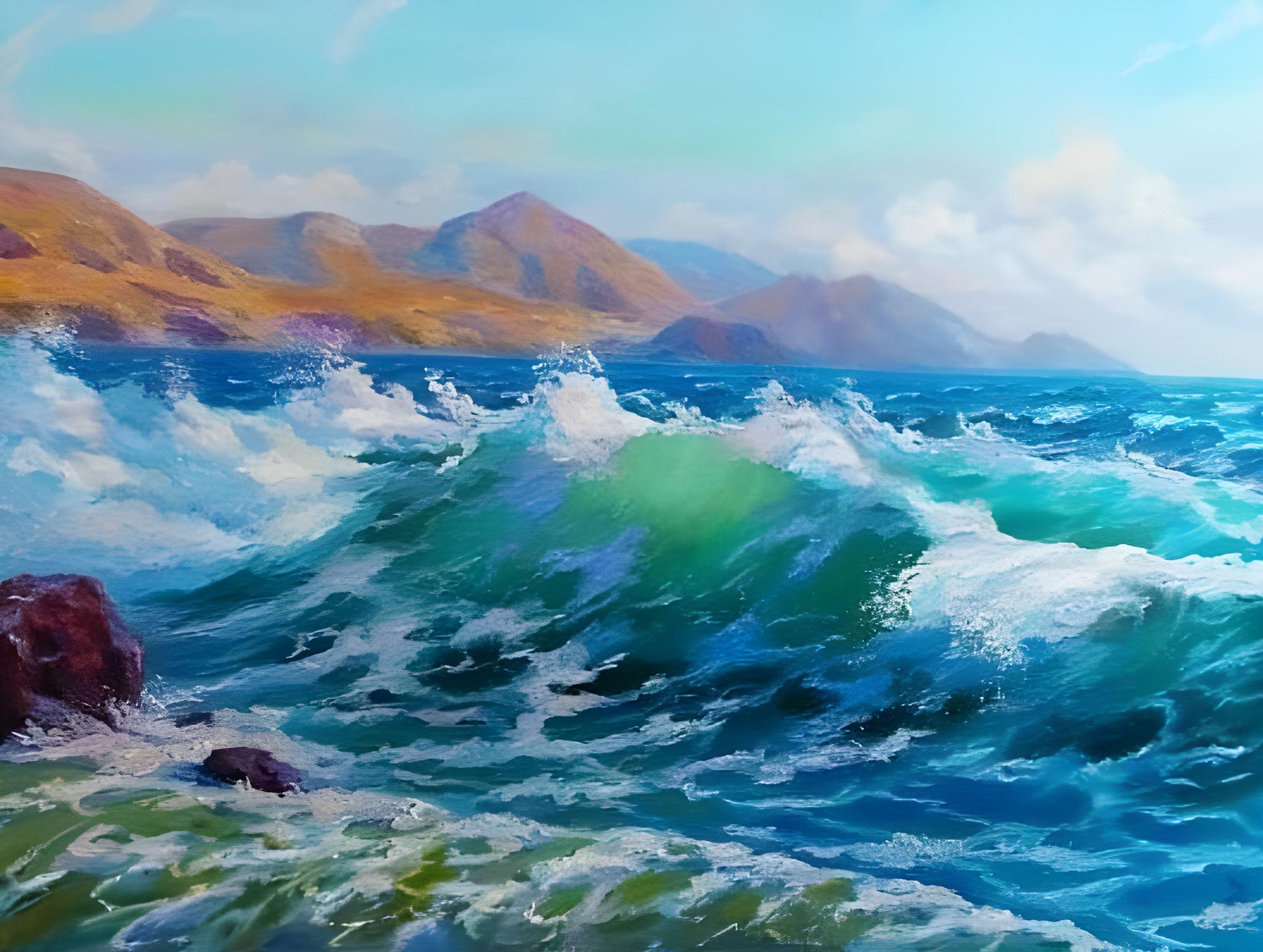 Vinyl Decal, Dynamic Hand-Painted Ocean Wave Seascape Art on Canvas, Vibrant Coastal Landscape Wall 