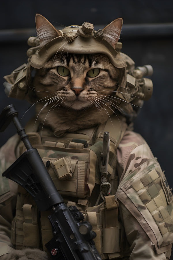 Vinyl Decal, Tactical Tabby in Military Gear (5" x 7")