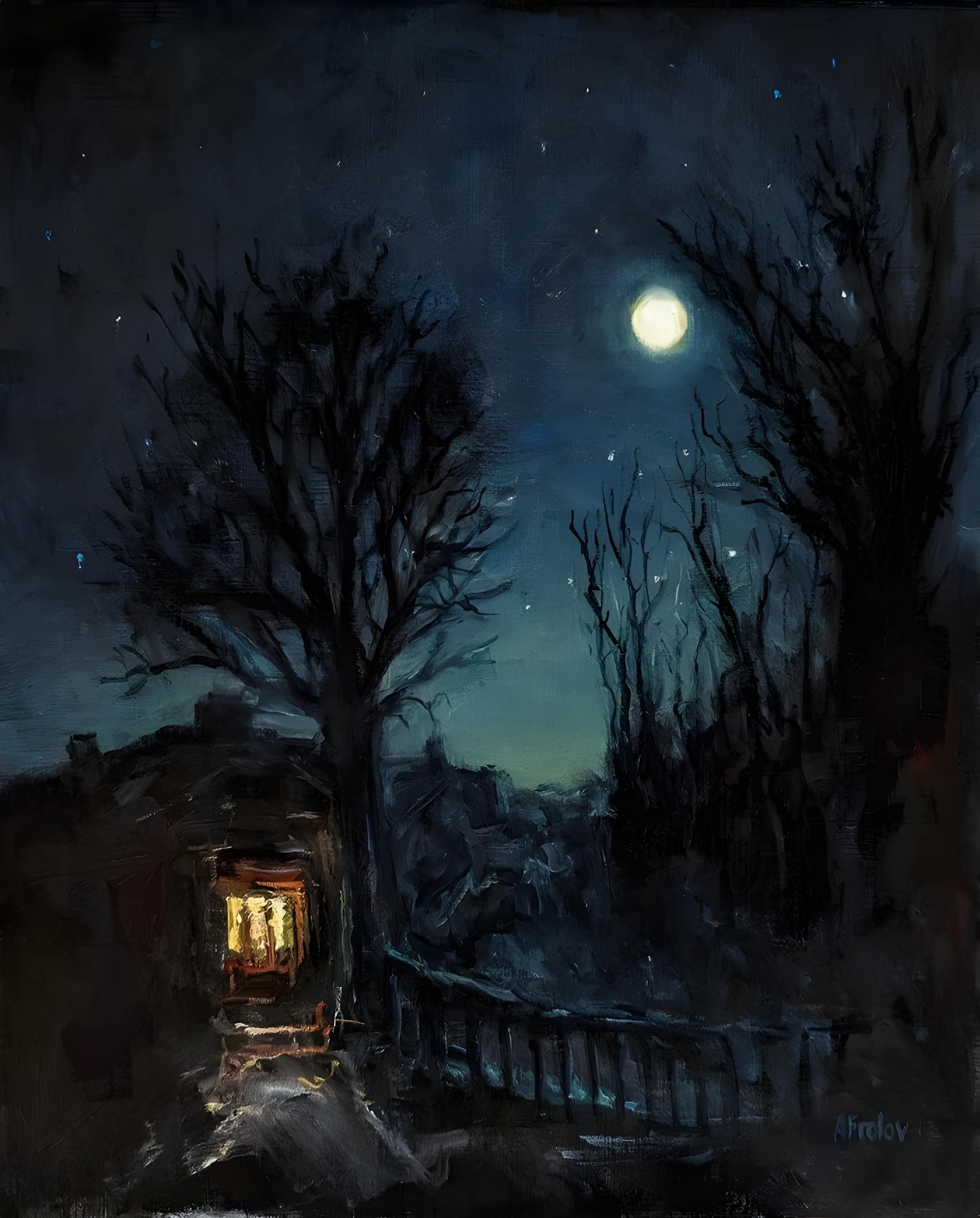 Vinyl Decal, Tranquil Evening Scene with Moon and Stars, Warm Light from a Cabin Window (5" x 7")