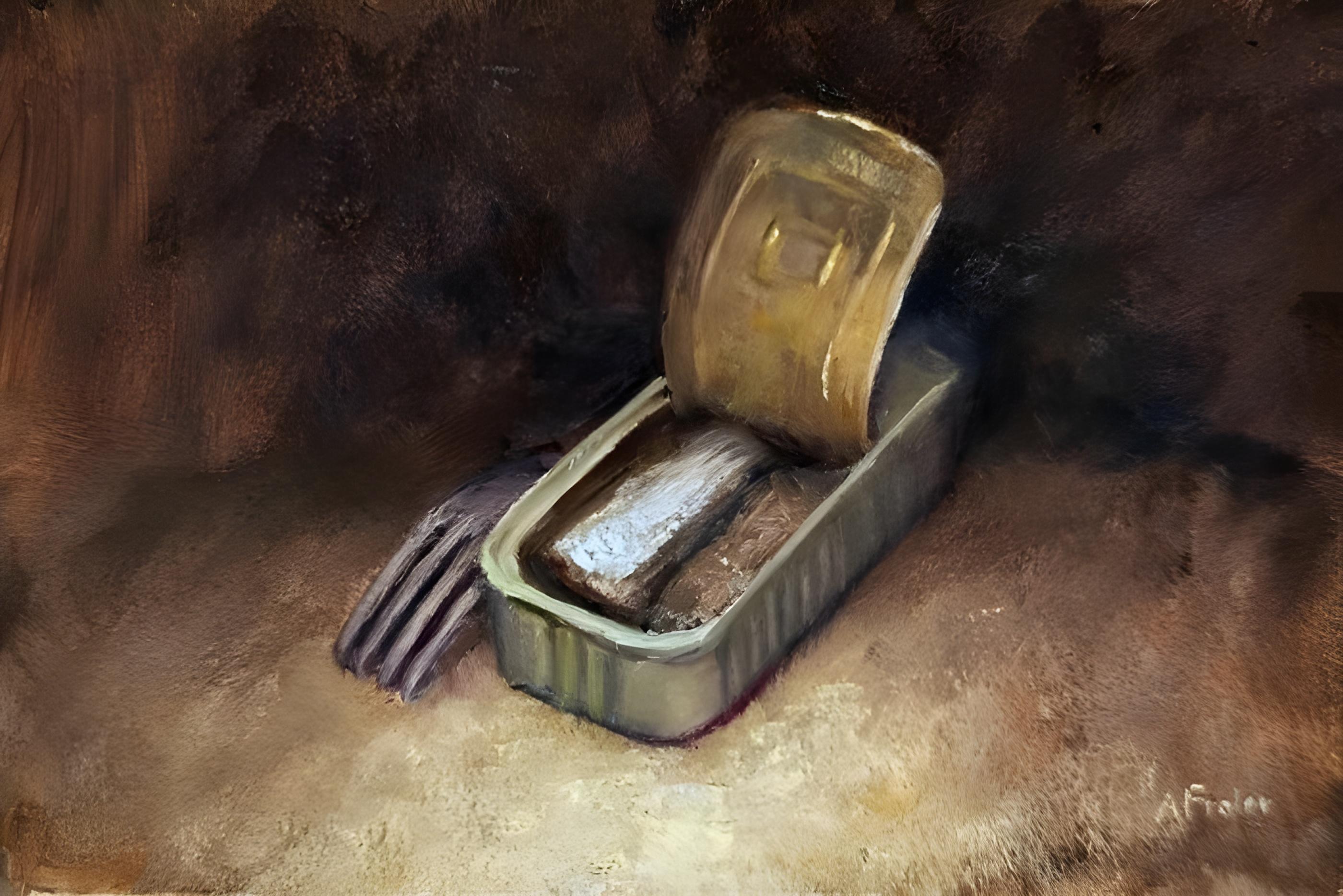 Vinyl Decal, Hand-Painted Still Life Artwork on Canvas, Depicting a Small Metal Container with Tinne