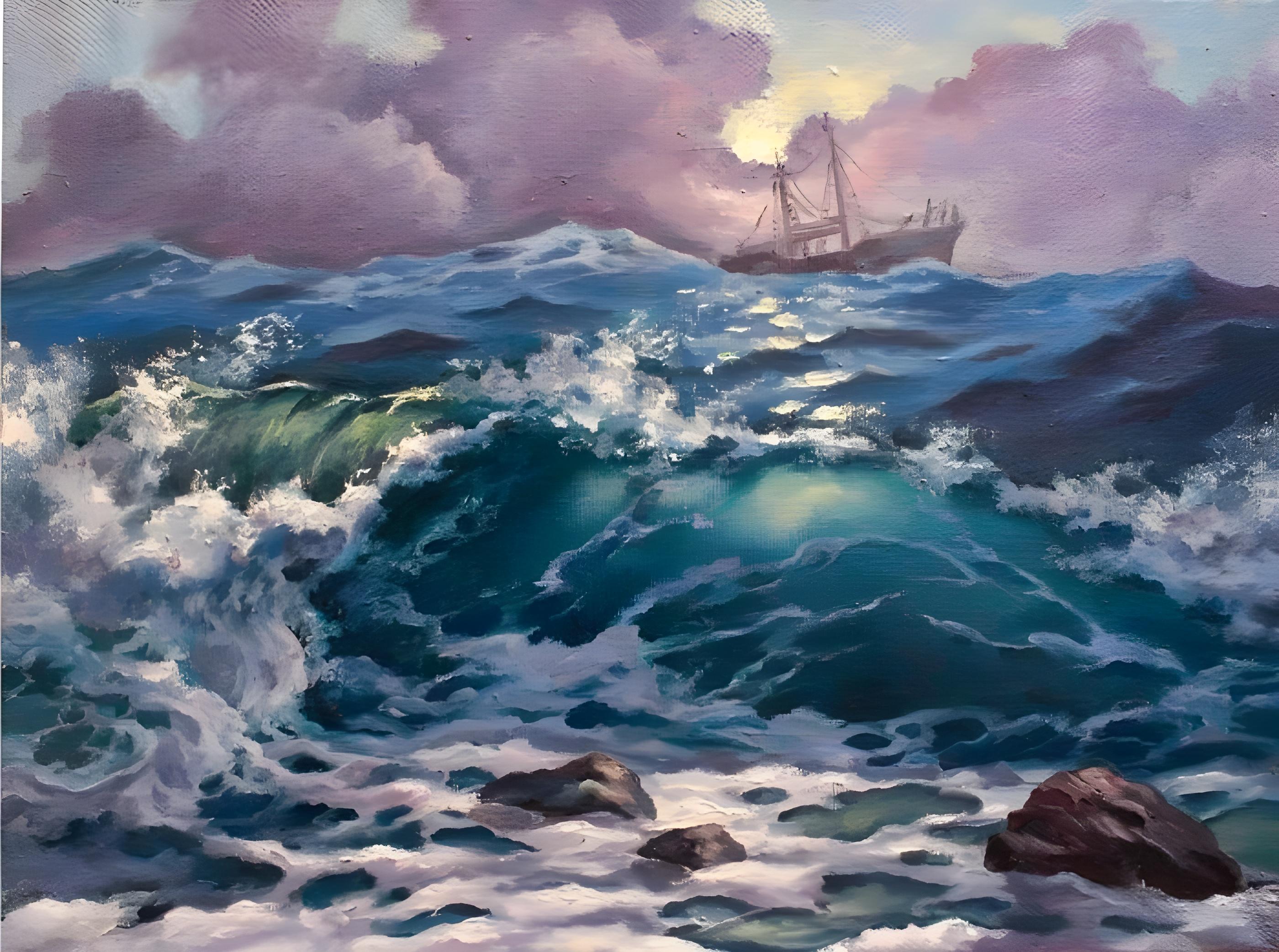 Vinyl Decal, Dramatic Ocean Scene Artwork Hand-Painted Oil on Canvas Wall Decor for Home and Office 