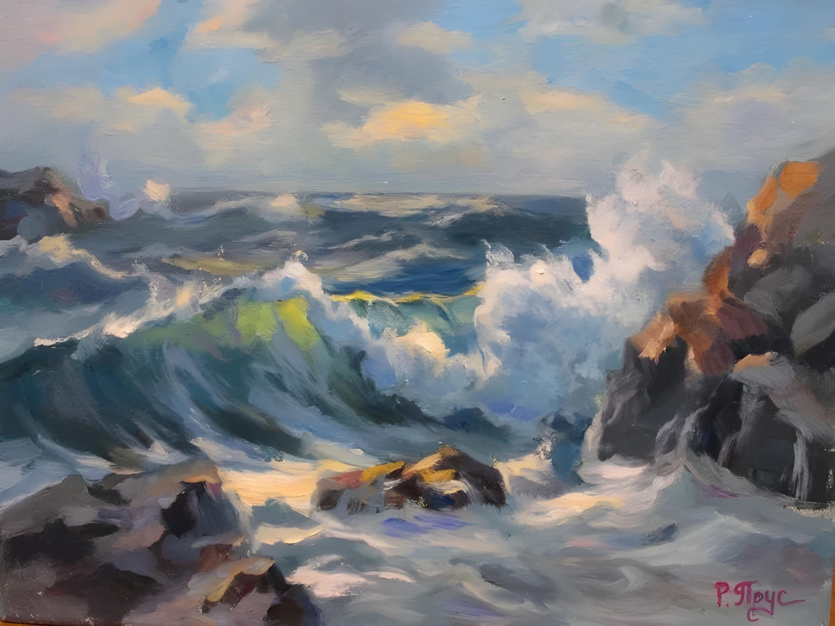 Vinyl Decal, Dynamic Ocean Seascape Painting of Crashing Waves on Rocks, Original Oil on Hardboard A