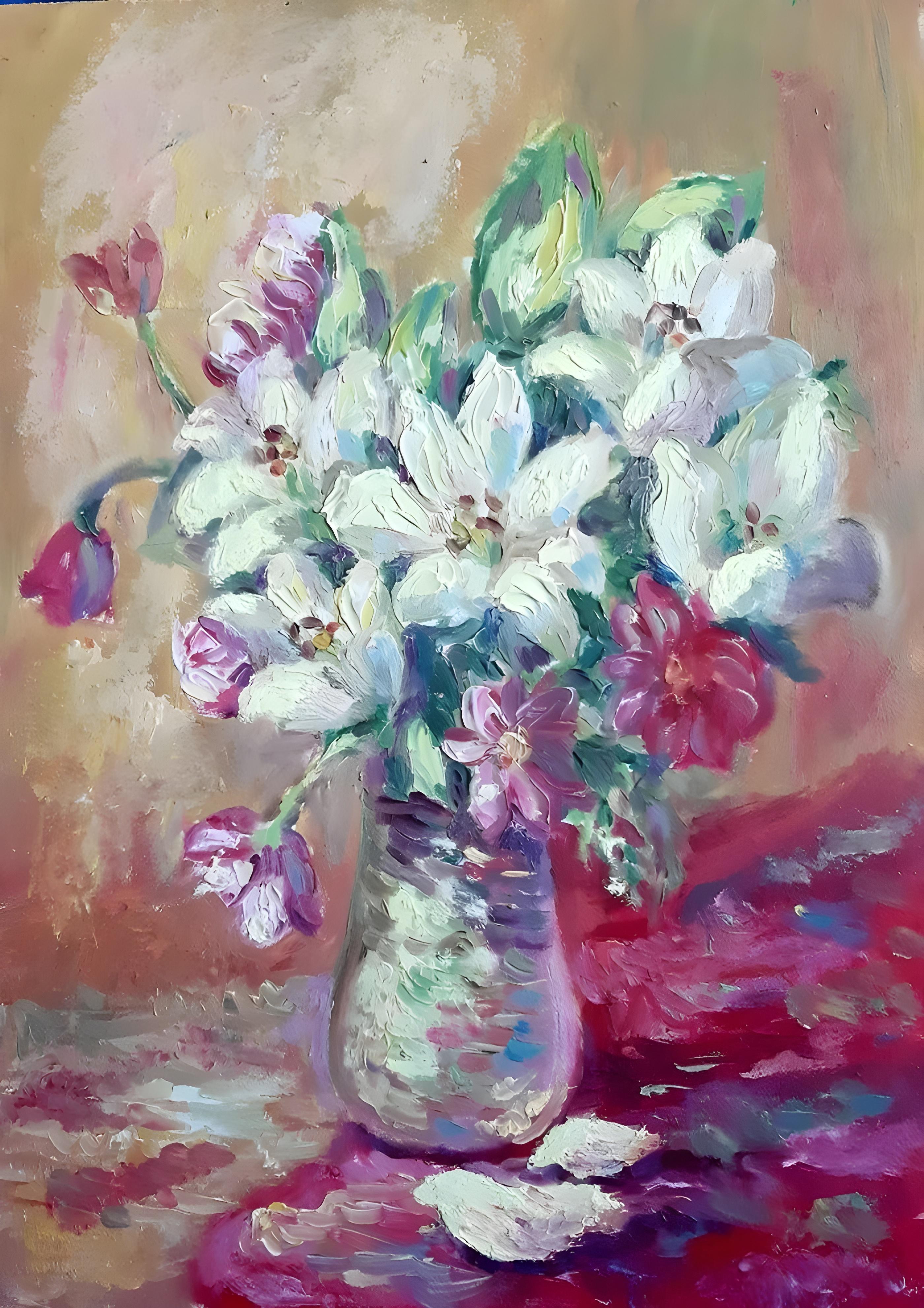 Vinyl Decal, Beautiful Impressionistic Painting of White and Pink Flowers in a Stylish Vase (5" x 7"