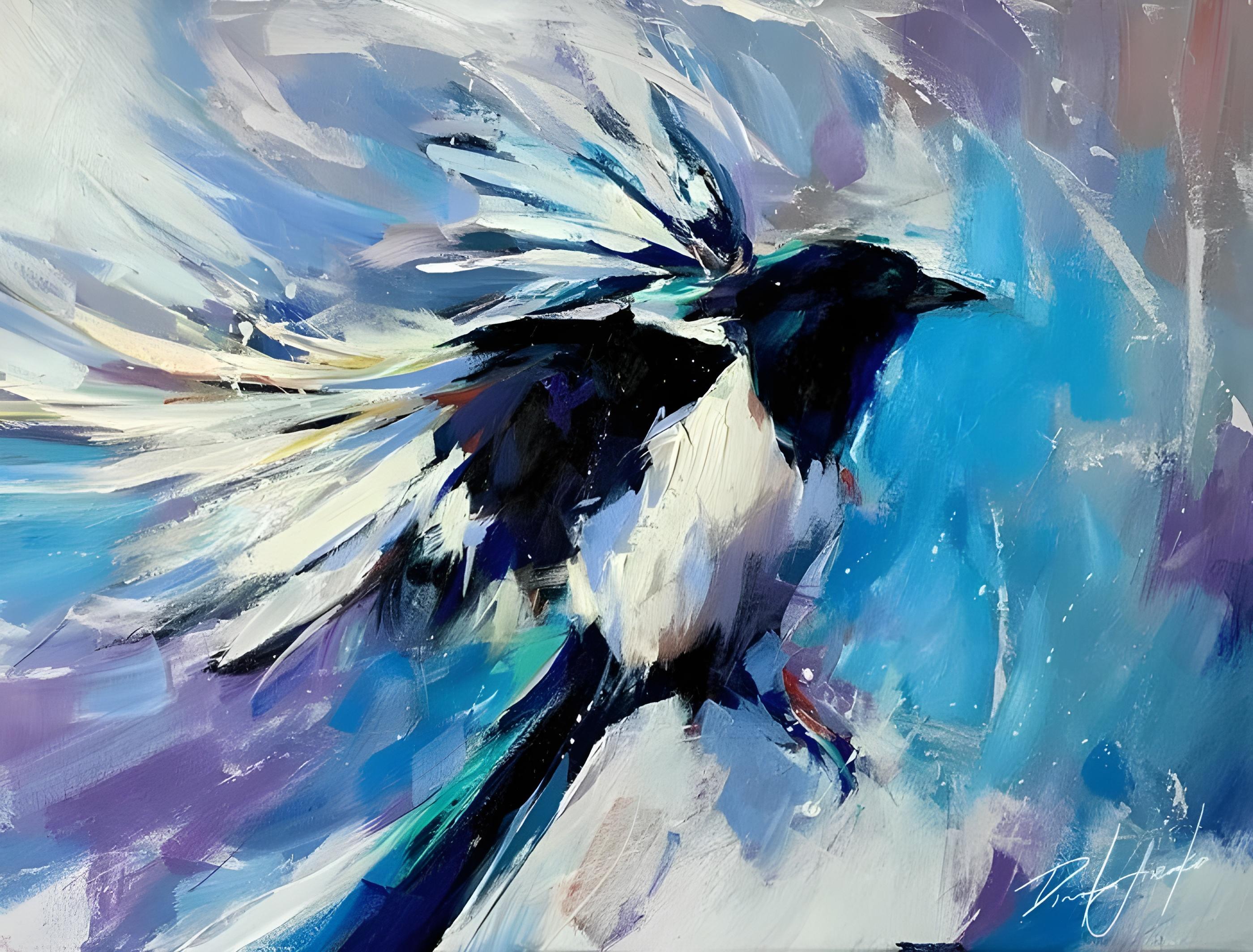 Vinyl Decal, Dynamic Avian Expressionist Wall Art on Canvas in Blue and White Hues (5" x 7")