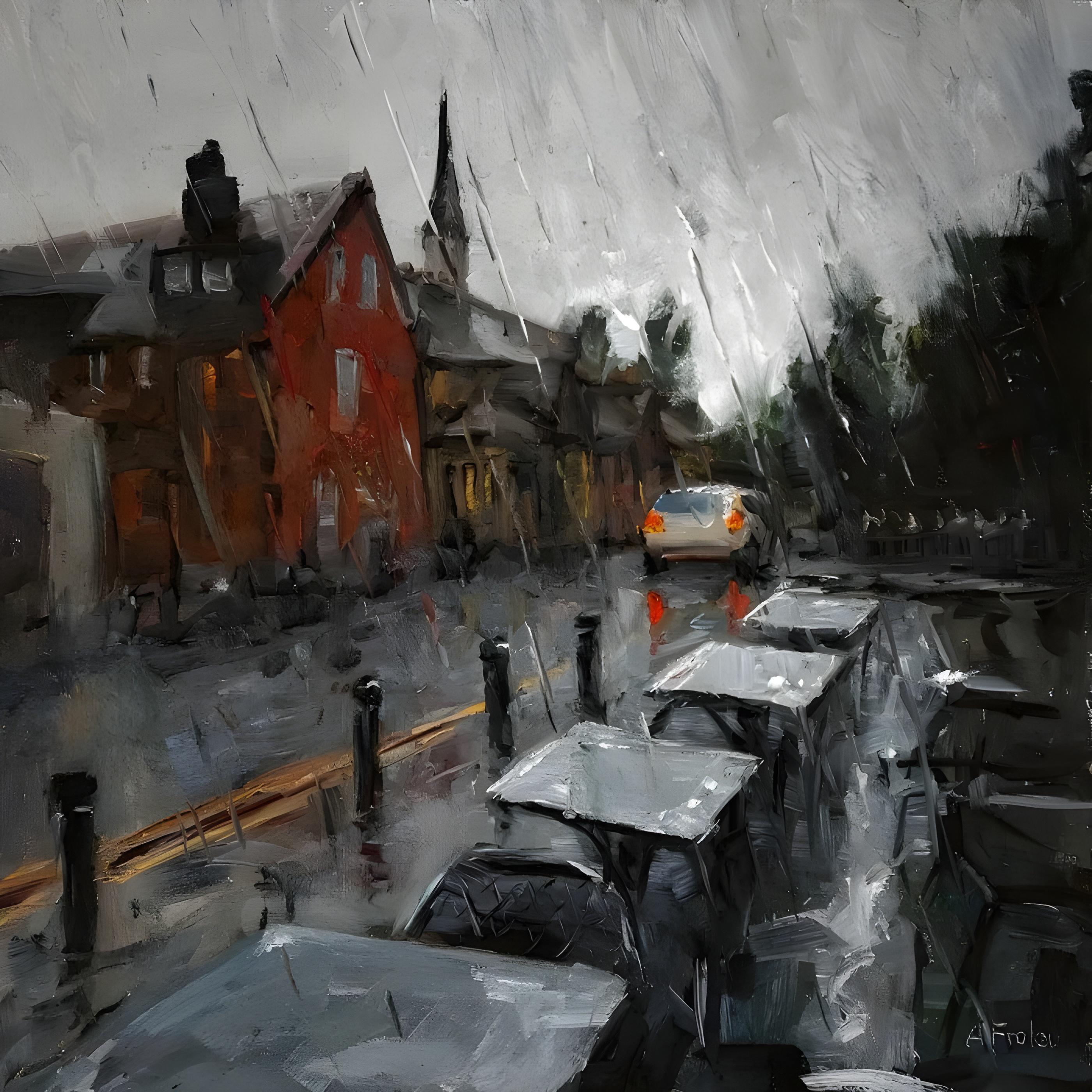 Vinyl Decal, Atmospheric Impressionist Oil Painting of a Rainy Urban Scene with Parked Vehicles and 