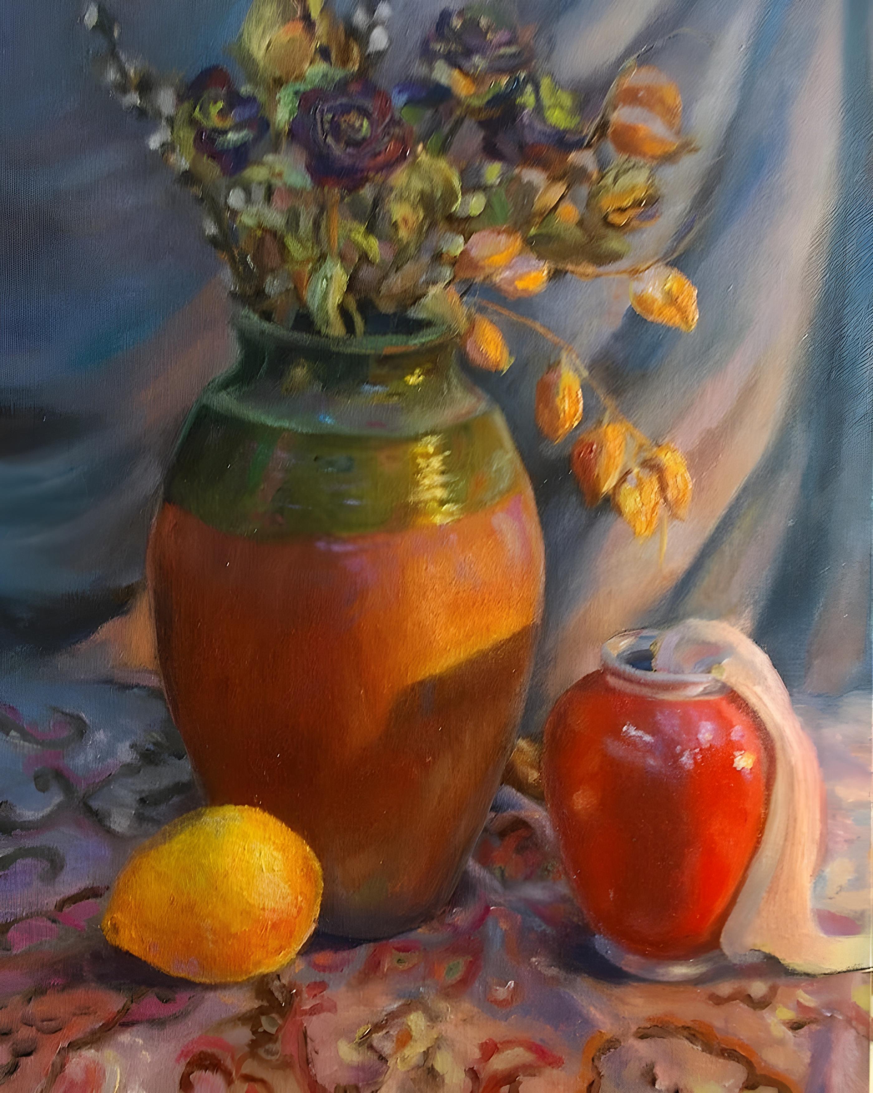 Vinyl Decal, Vibrant Still Life Artwork with Ceramic Vessels and Botanical Elements (5" x 7")