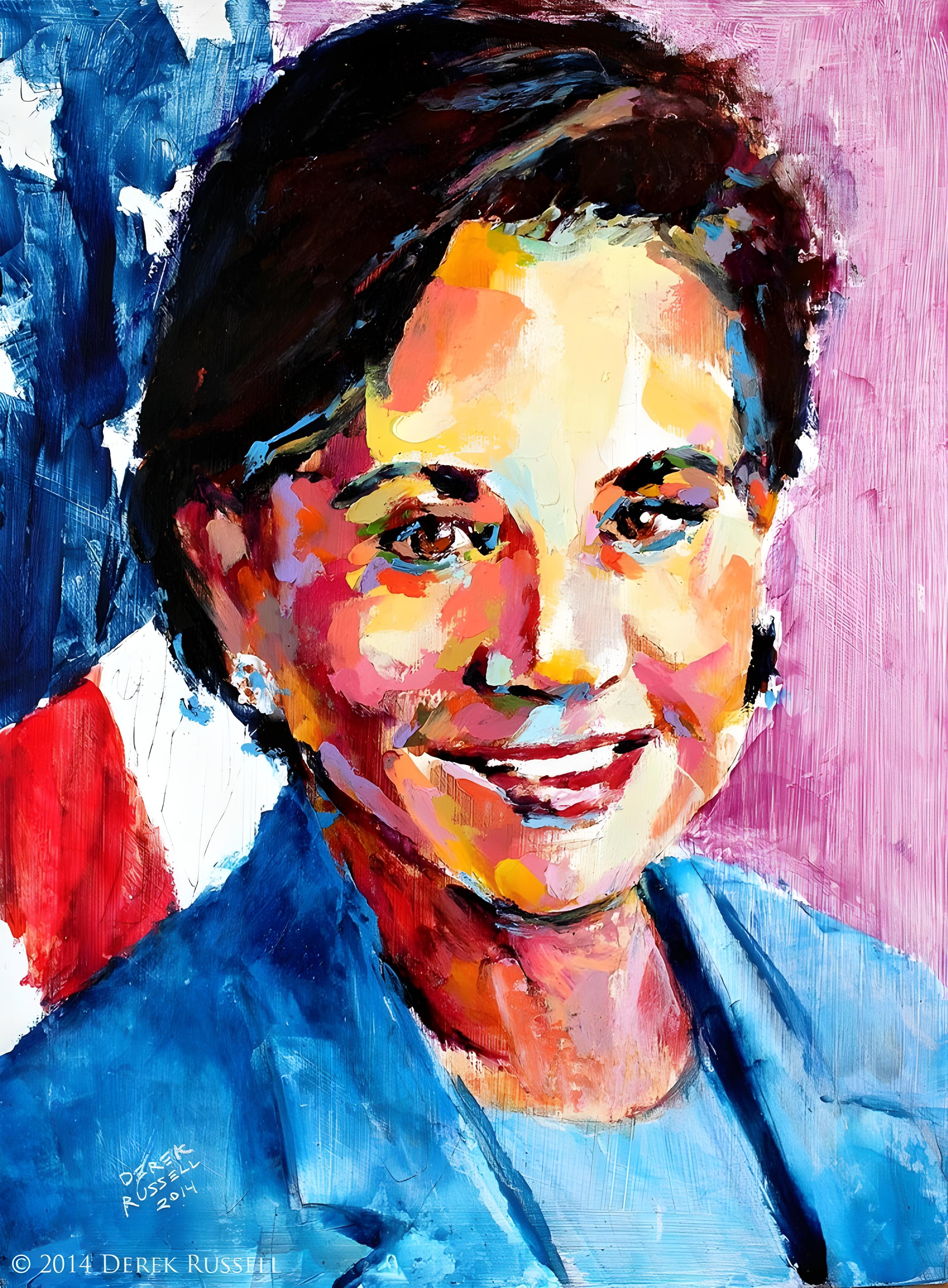Vinyl Decal, Vibrant Oil Painting Style Portrait of a Smiling Woman with American Flag Background, C