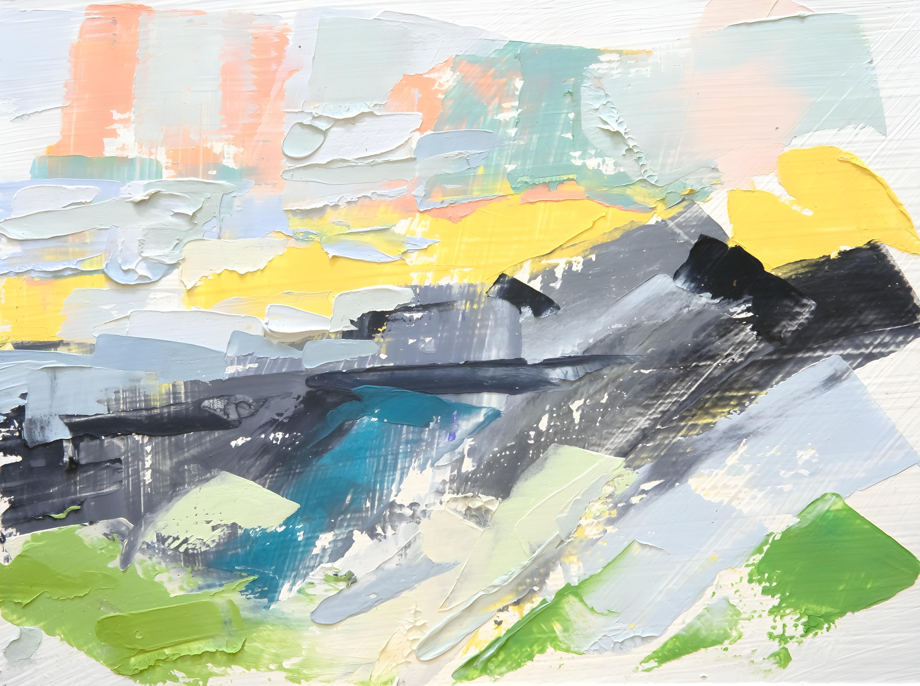 Vinyl Decal, Textured Abstract Art Piece with Vibrant Yellows Grays and Greens on Canvas (5" x 7")