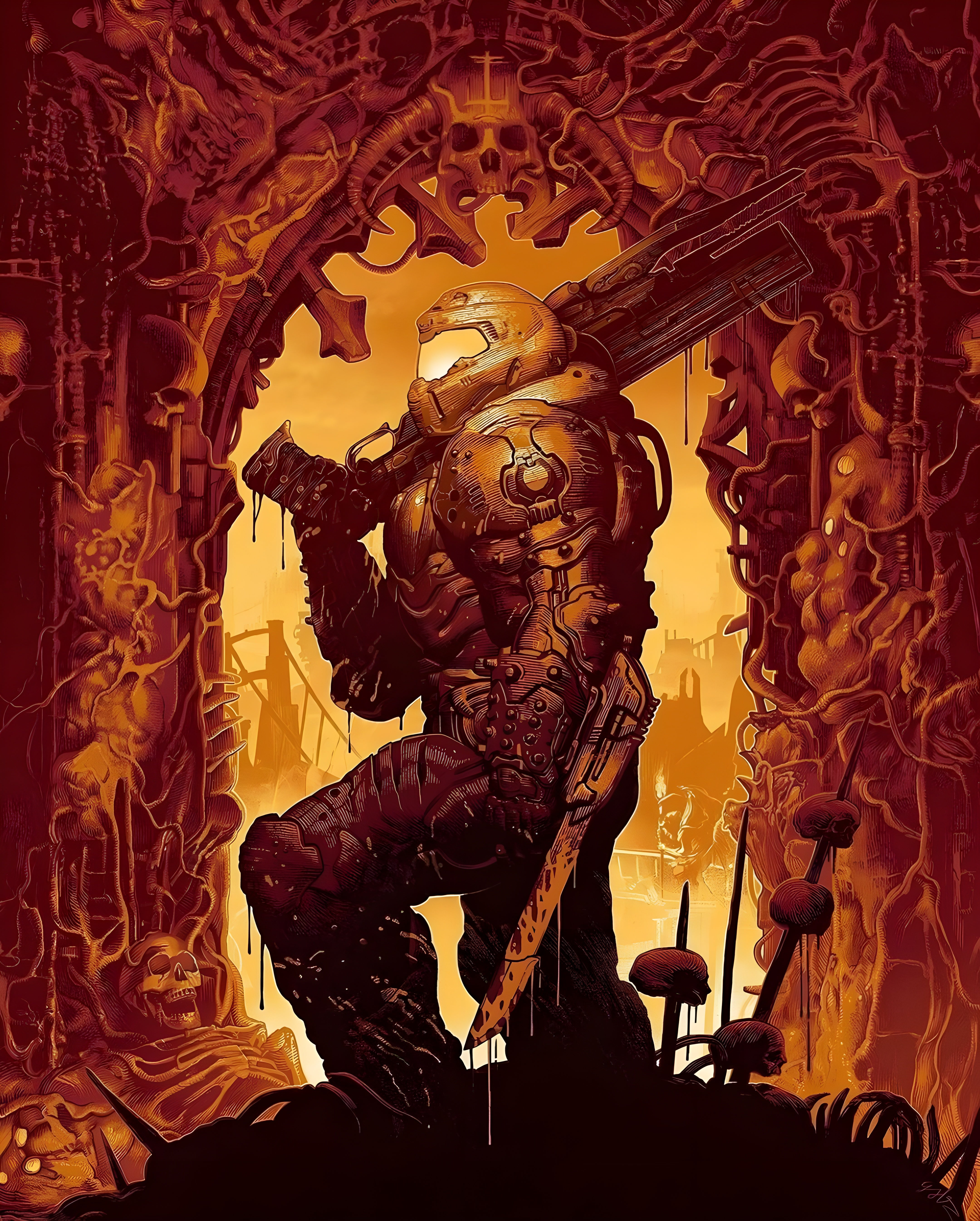 Vinyl Decal, Heroic Figure in Fiery Landscape Art Print for Enthusiasts of Intense Action and Advent