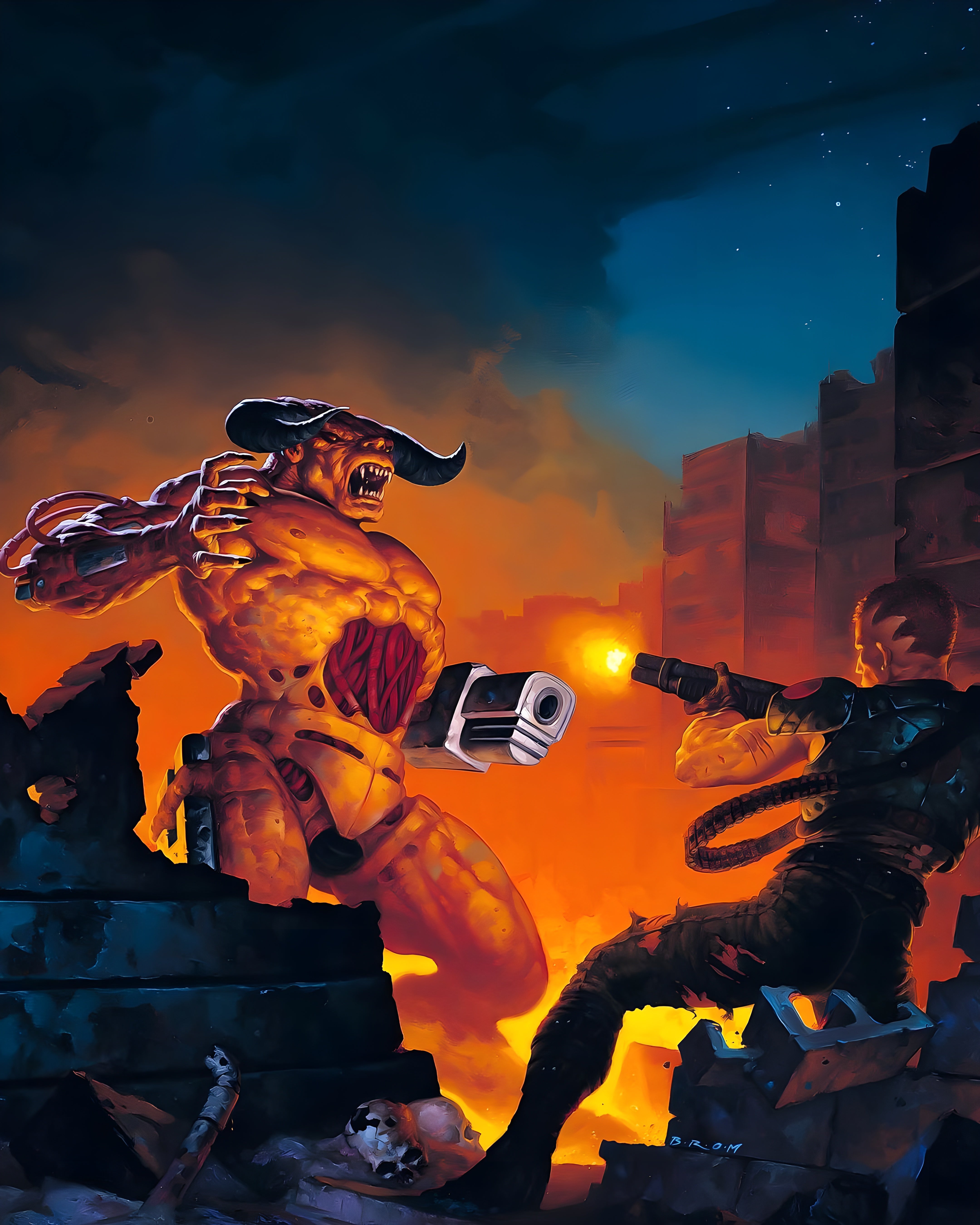 Vinyl Decal, Action-Packed Fantasy Art Print of Heroic Figure Battling Monstrous Adversary in Ruined