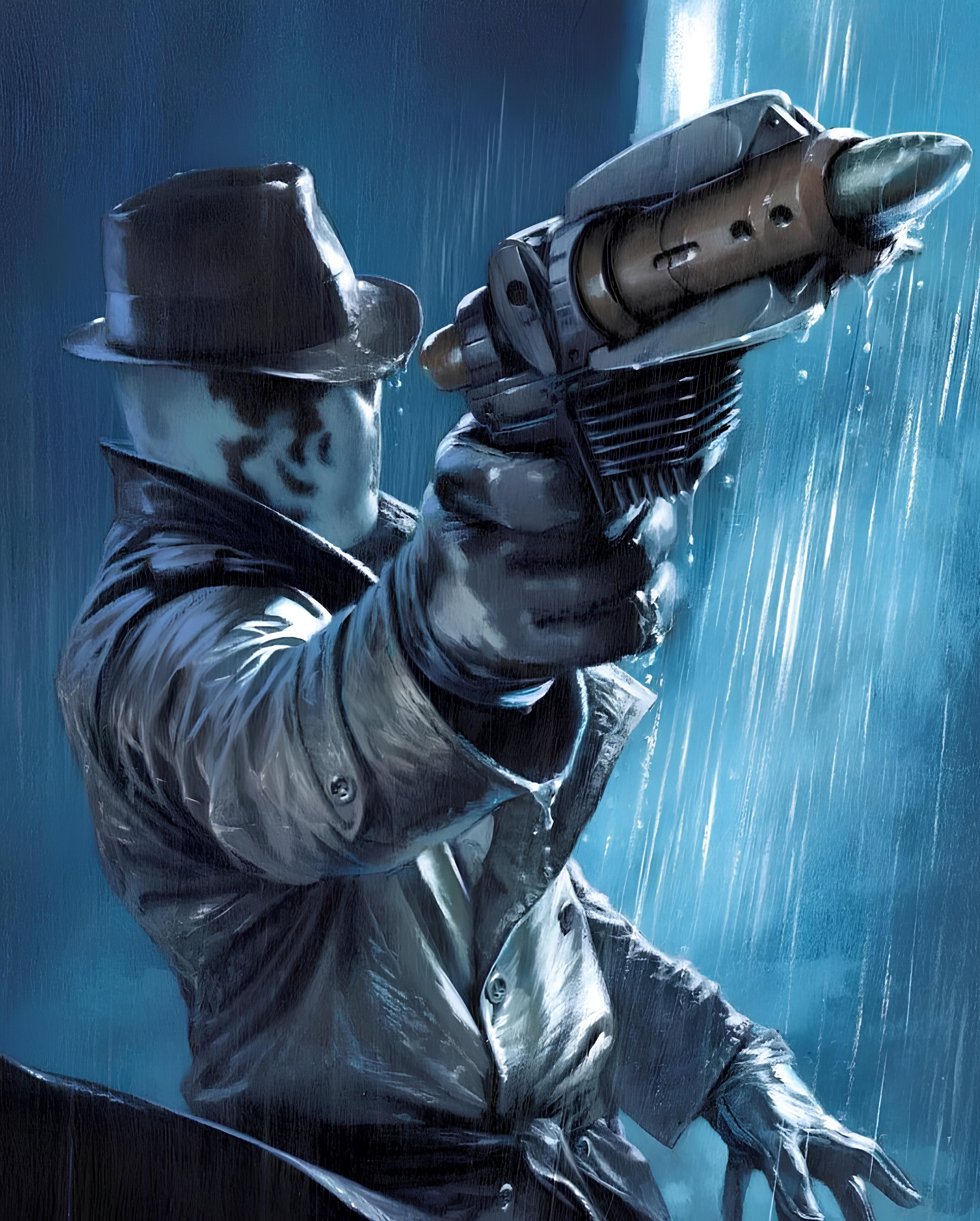 Vinyl Decal, Dynamic Rain-Soaked Figure Art Print, Perfect for Adding a Mysterious and Dramatic Atmo