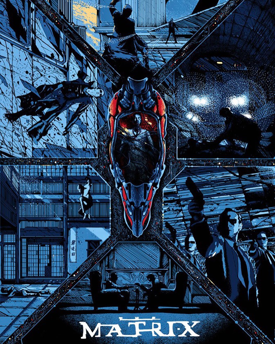 Vinyl Decal, Sci-Fi Action Film Artwork Print for Wall Decoration, Unique Blue and Red Hues, Abstrac
