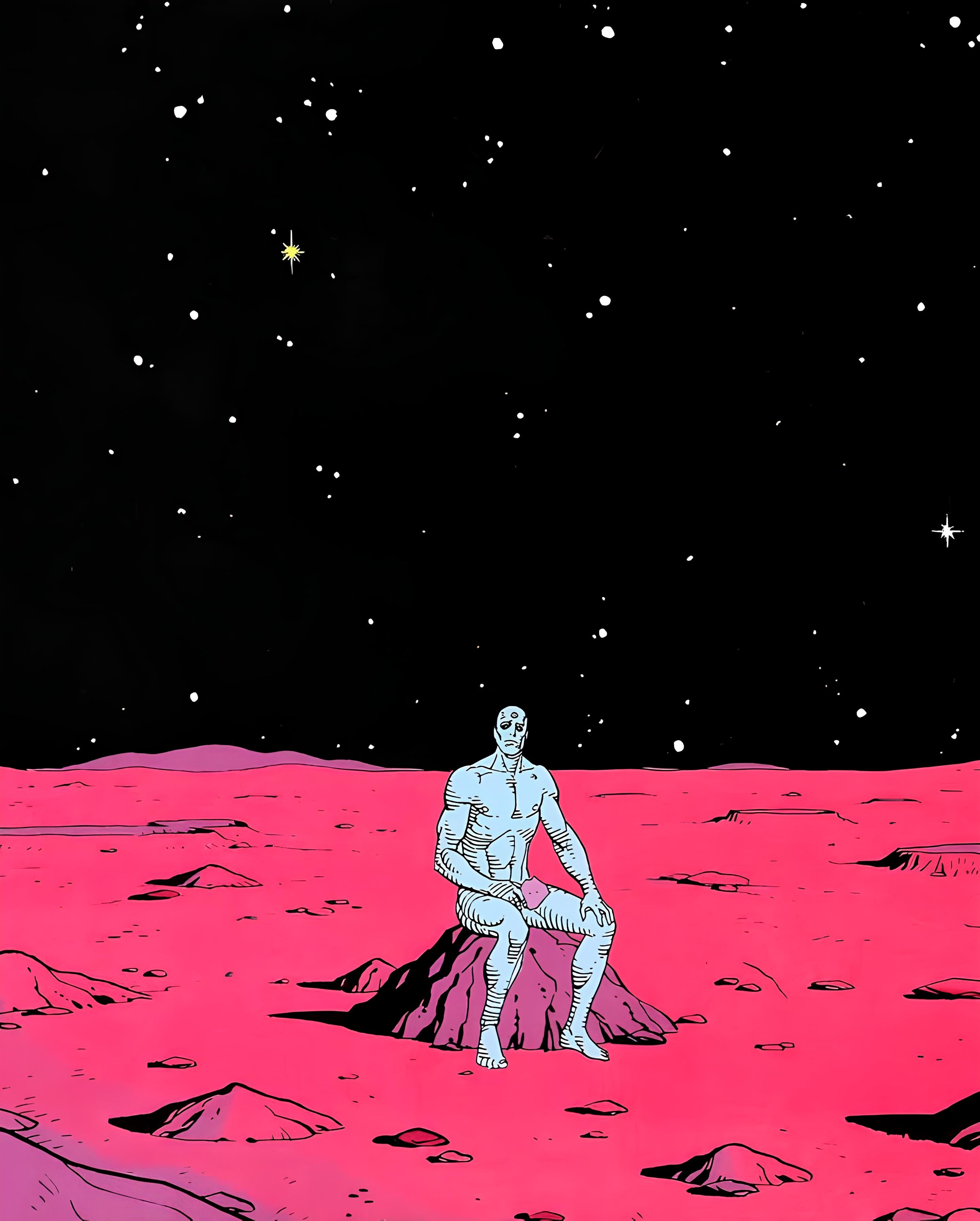 Vinyl Decal, Solitary Figure Contemplates Existence Under a Vast, Star-Filled Expanse on a Vibrant (