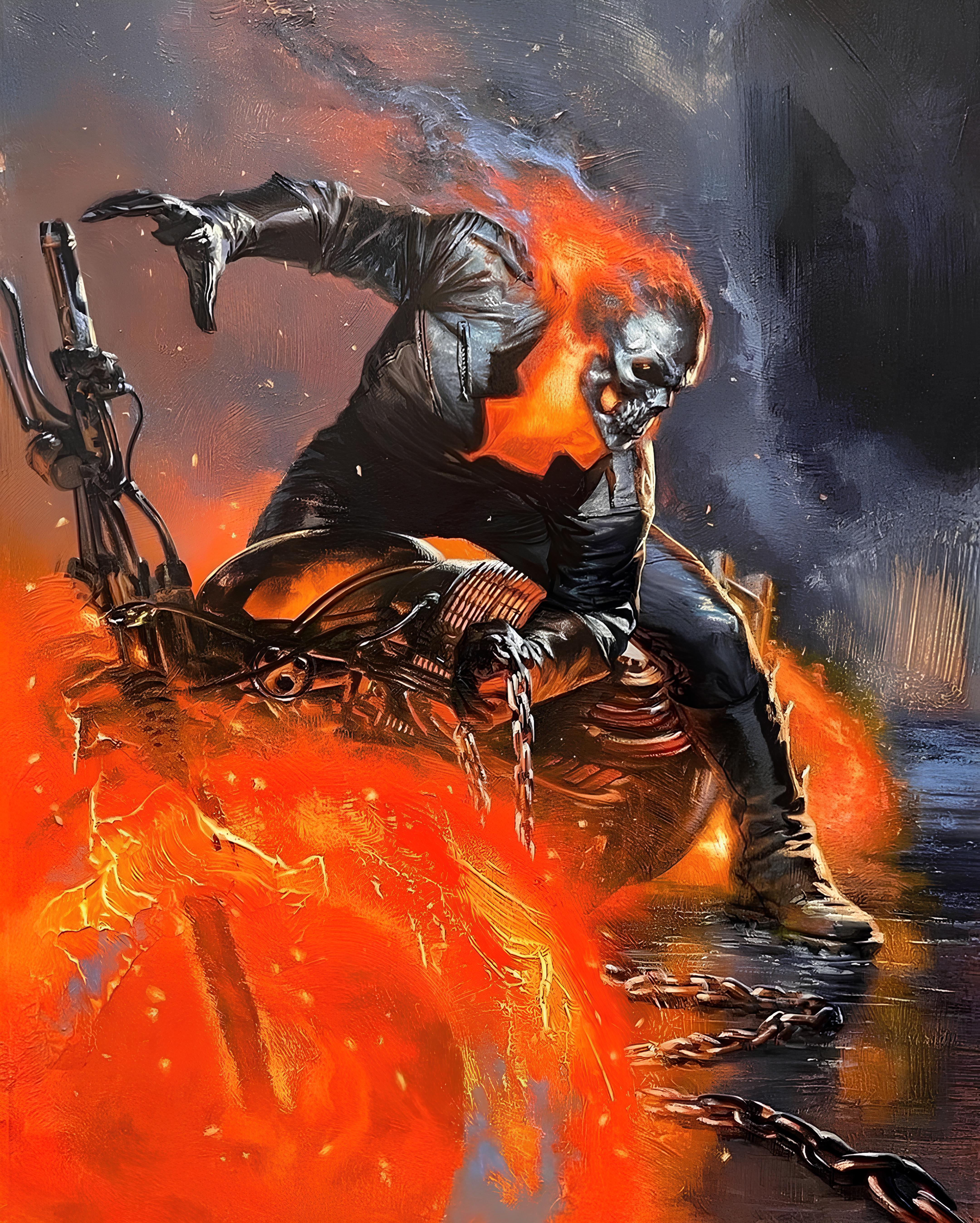 Vinyl Decal, Dynamic Fiery Skull Rider on Motorcycle Intense Action Art Print for Wall Decor, Collec