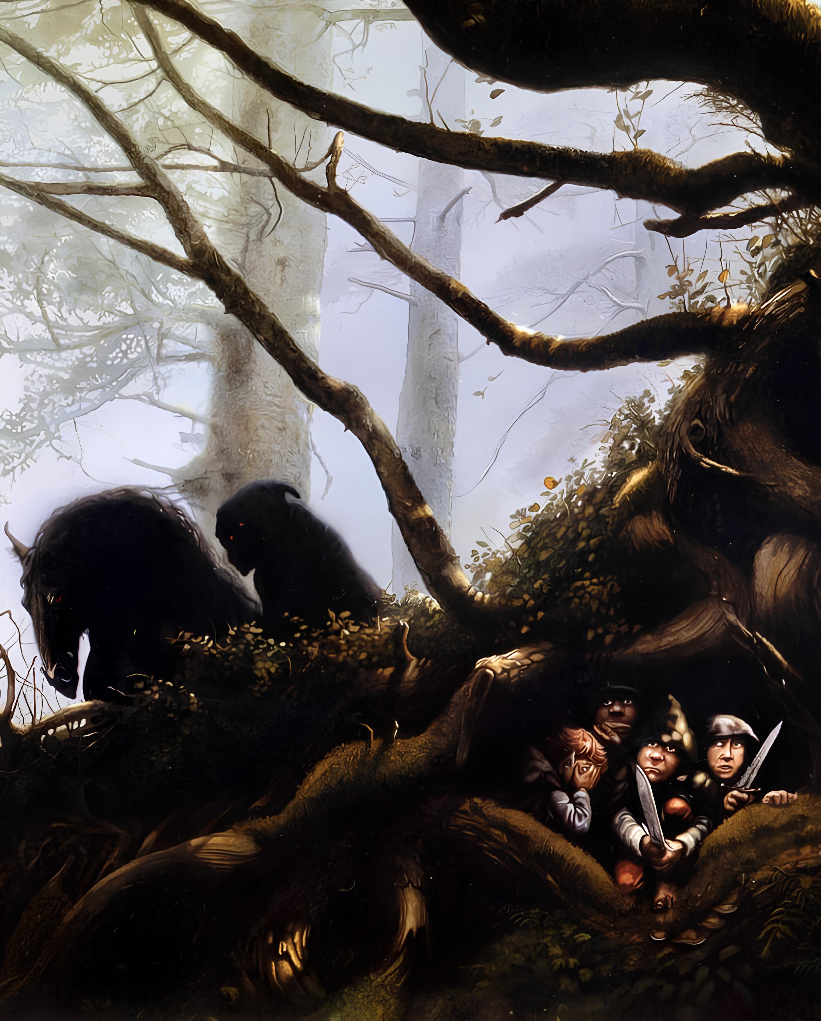 Vinyl Decal, Mysterious Forest Encounter Art Print – Eerie Woods Scene with Shadowy Figures and Hidi