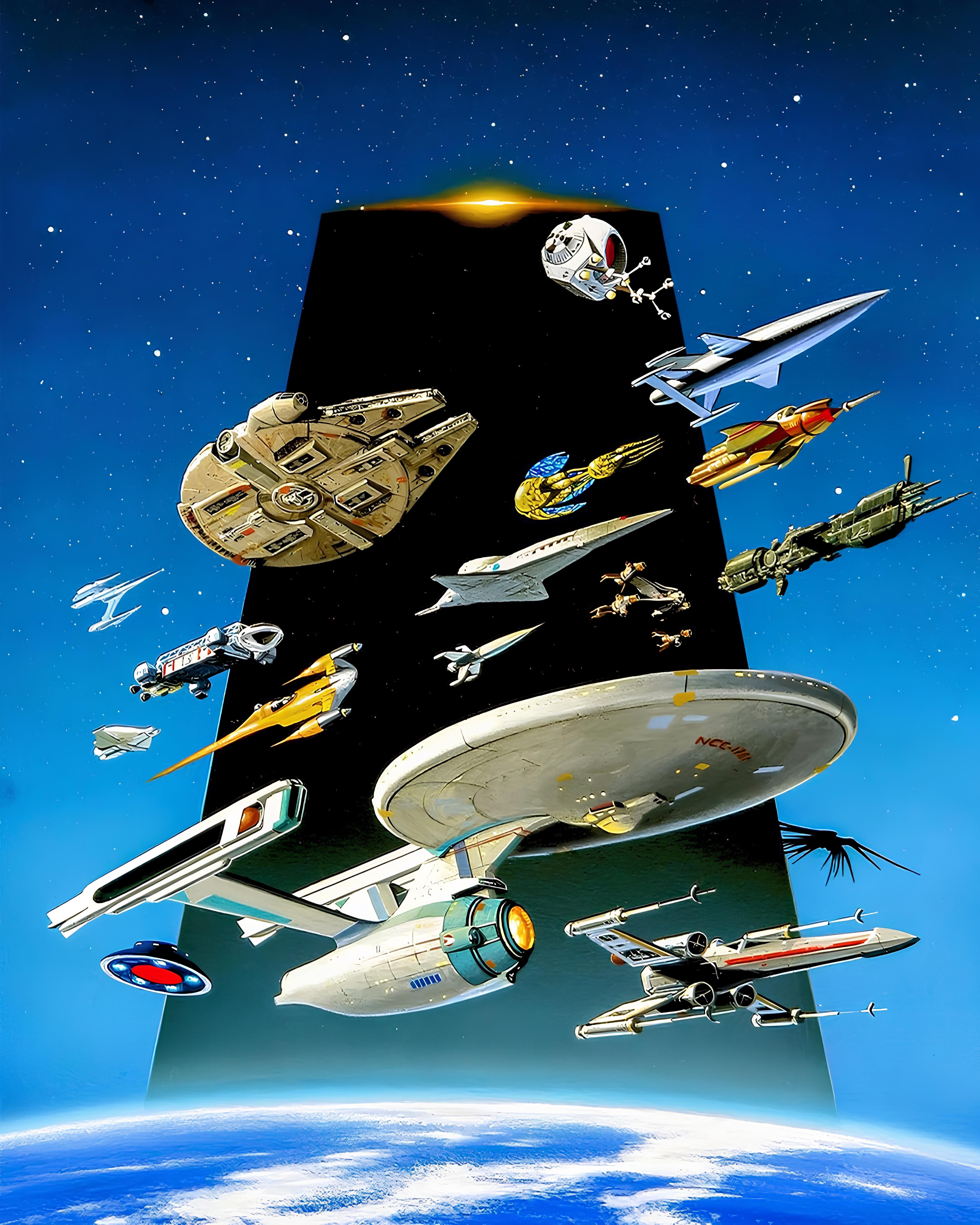 Vinyl Decal, Stunning Artistic Representation of Various Fictional Space Vehicles Gathered in the Co