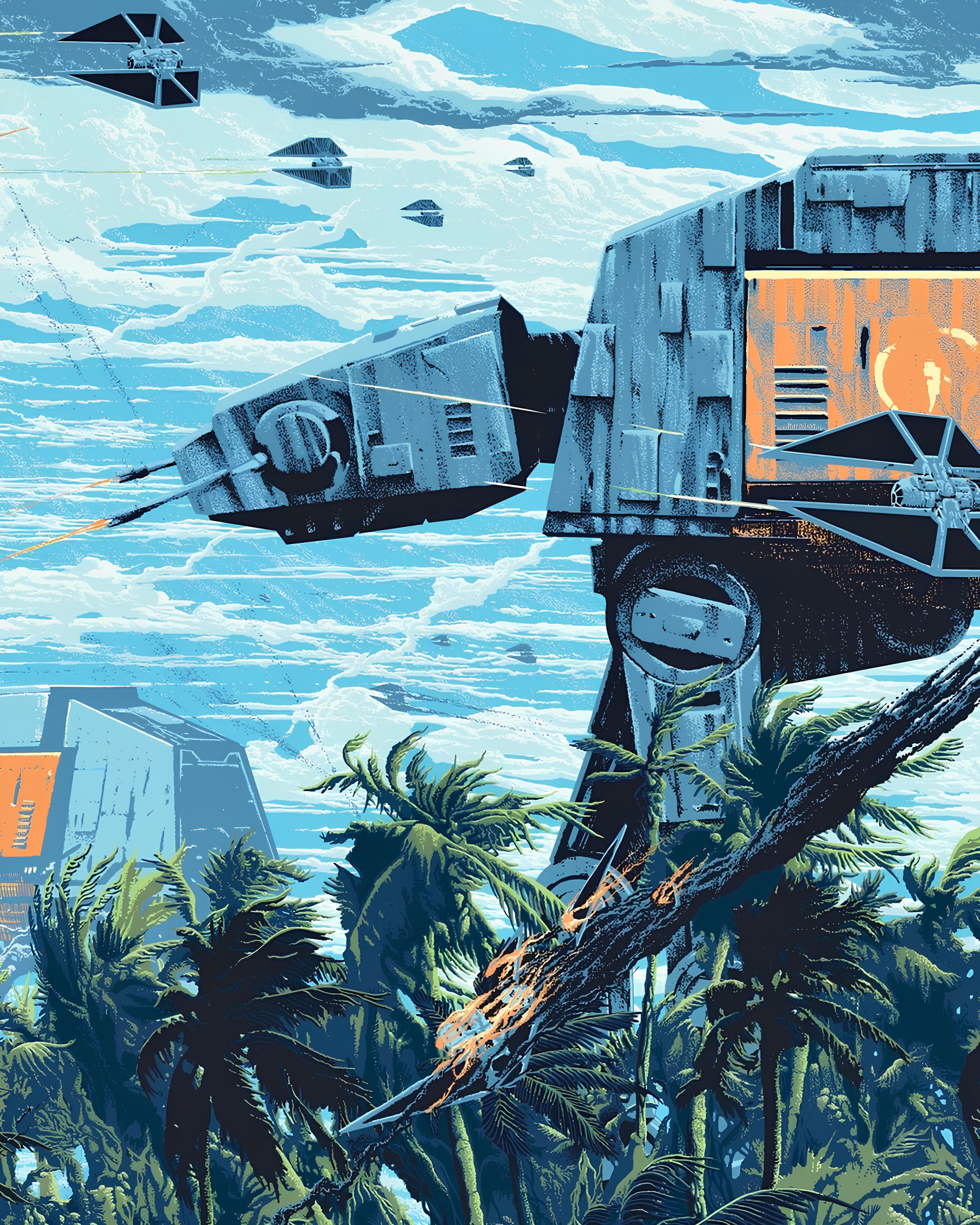Vinyl Decal, Vibrant Tropical Conflict Artwork, Large Walking Machines and Aerial Craft in Jungle Se