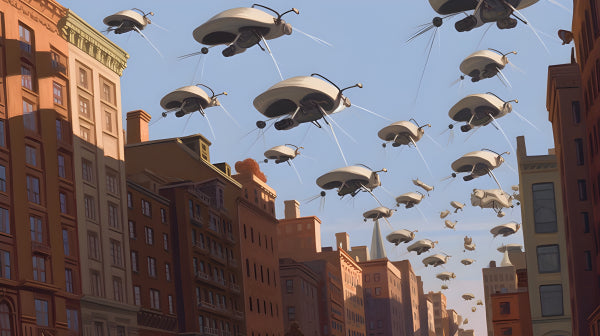 Vinyl Decal, Aerial Invasion of Drones Over Urban Buildings (5" x 7")