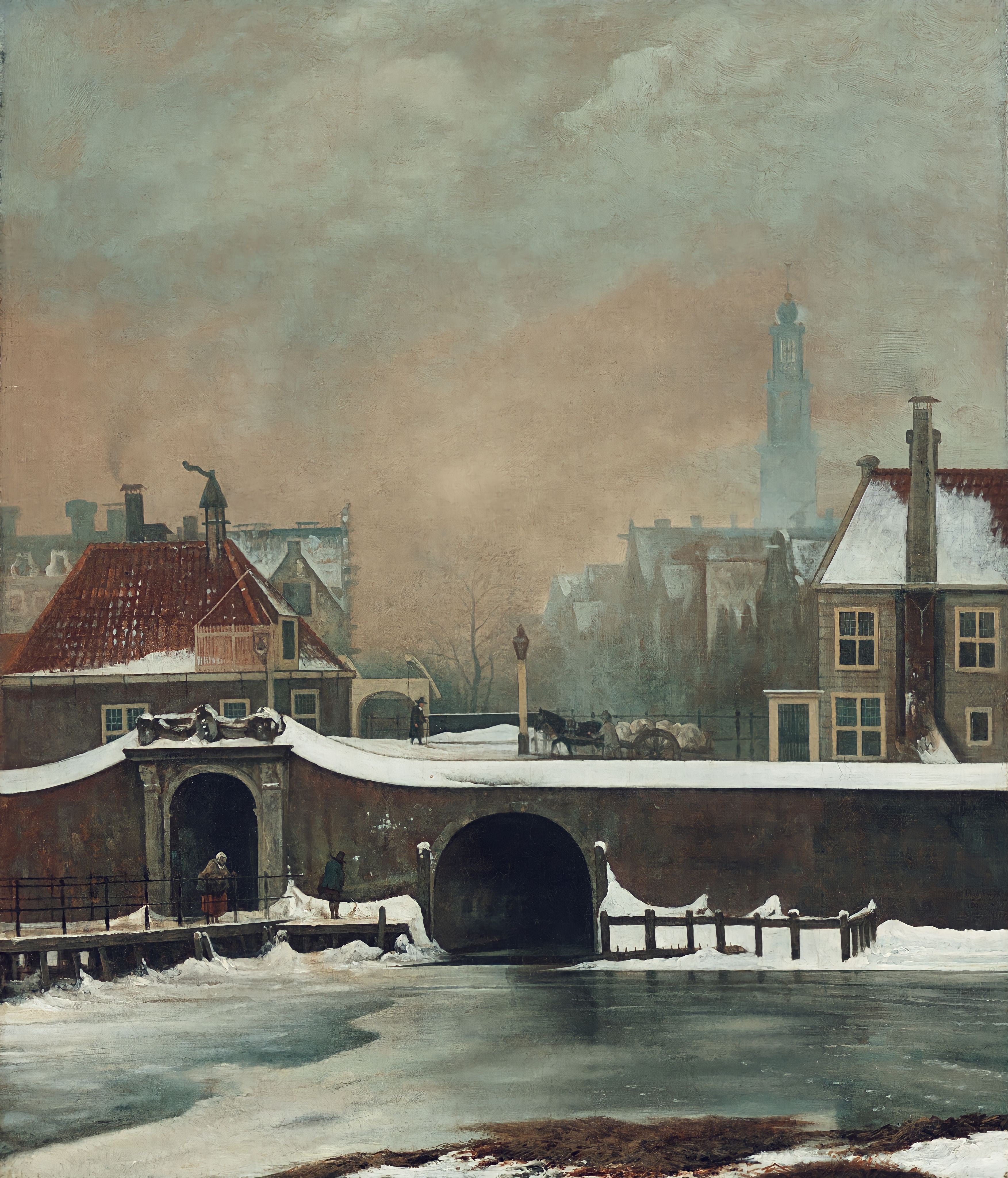 Vinyl Decal, Serene Winter Canal View with Historical Architecture and a Snow-Covered Bridge, Captur