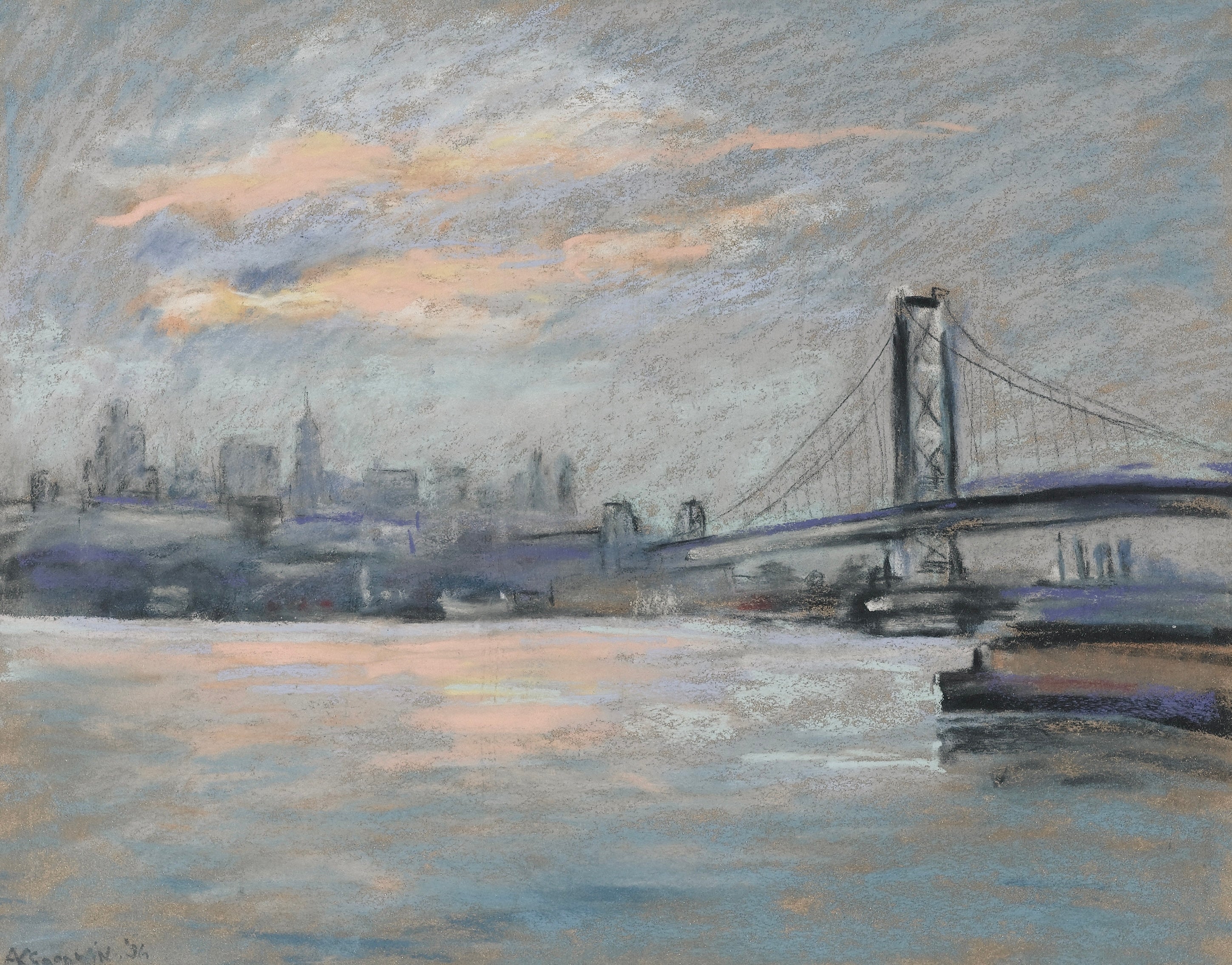 Vinyl Decal, Impressionist Style Cityscape Artwork Featuring a Large Suspension Bridge and Water Vie