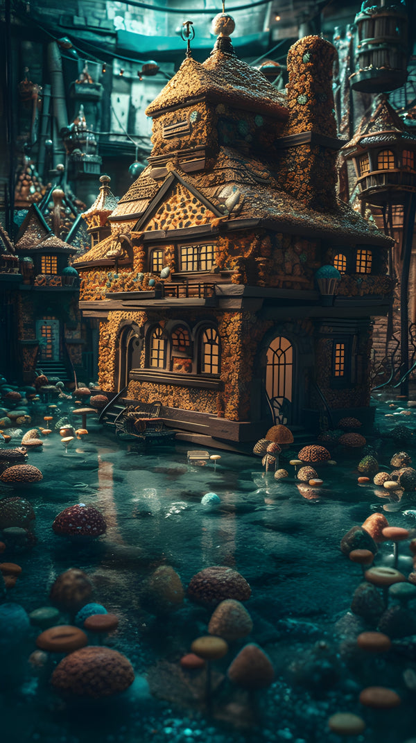 Vinyl Decal, Enchanted Waterside Cottage Art Print (5" x 7")