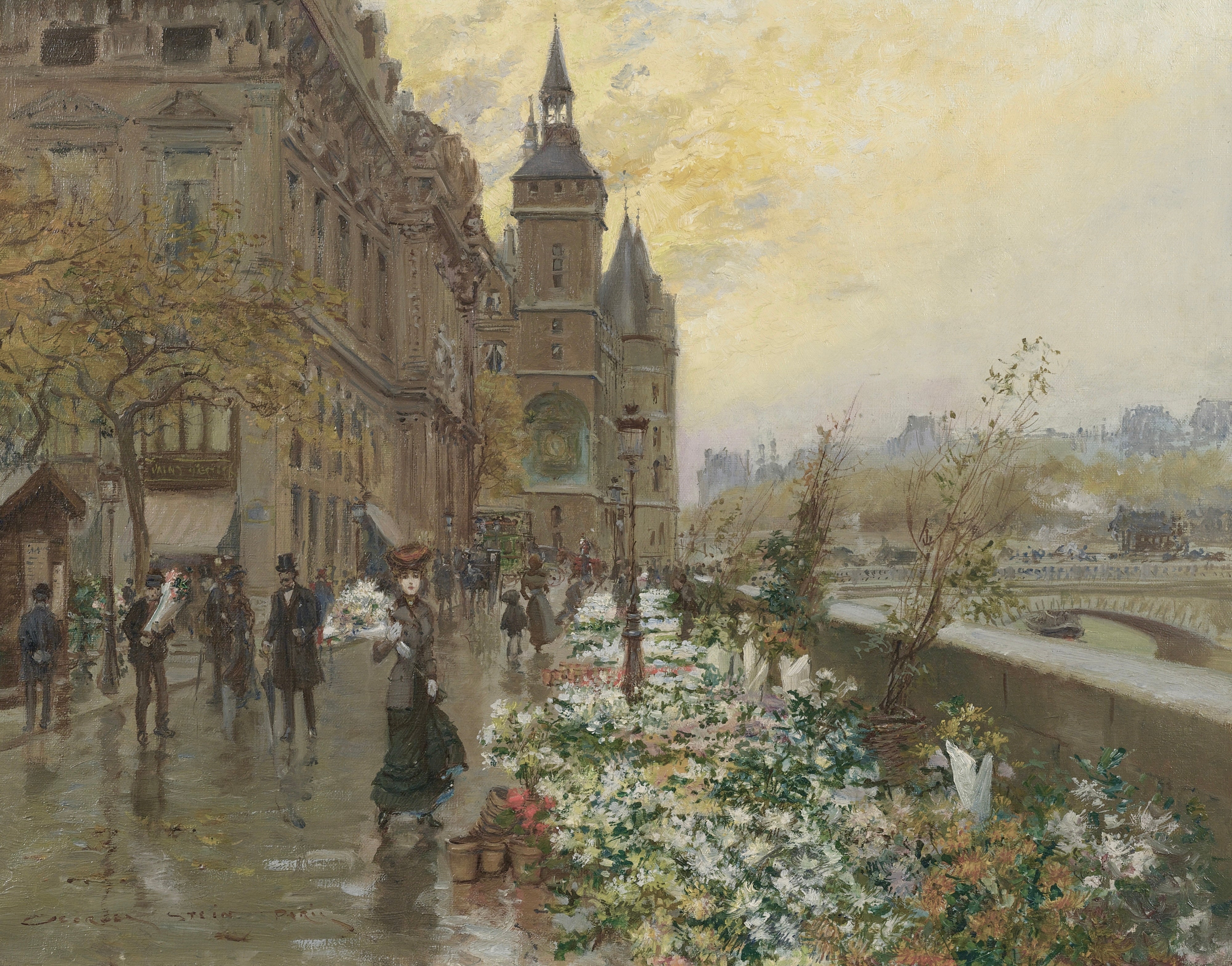 Vinyl Decal, Parisian Street Scene: Elegant Figures and Vibrant Blooms by the Riverside, Capturing a