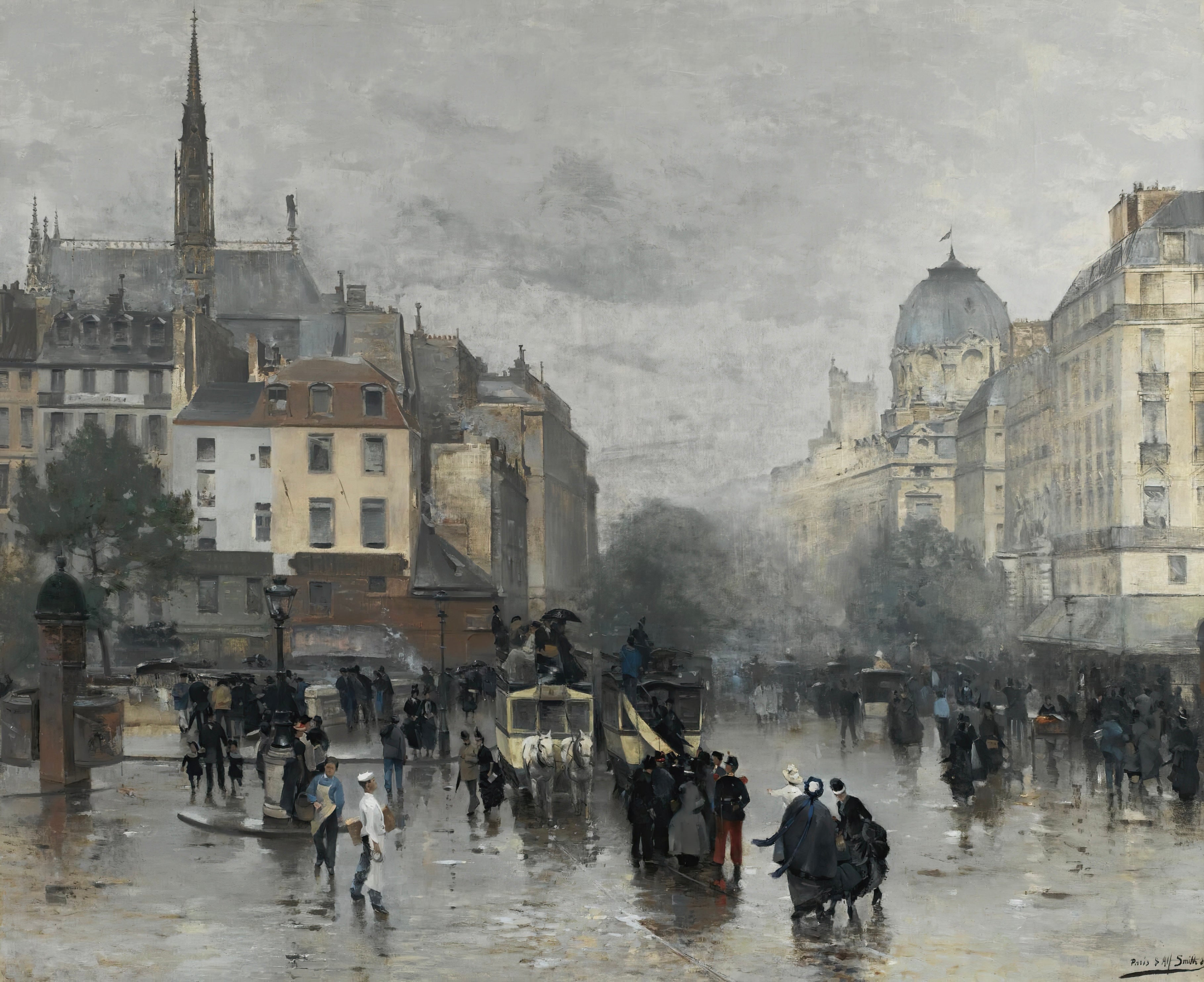 Vinyl Decal, Parisian Street Scene Captured After a Downpour, a Classic Urban Landscape Painting (5"
