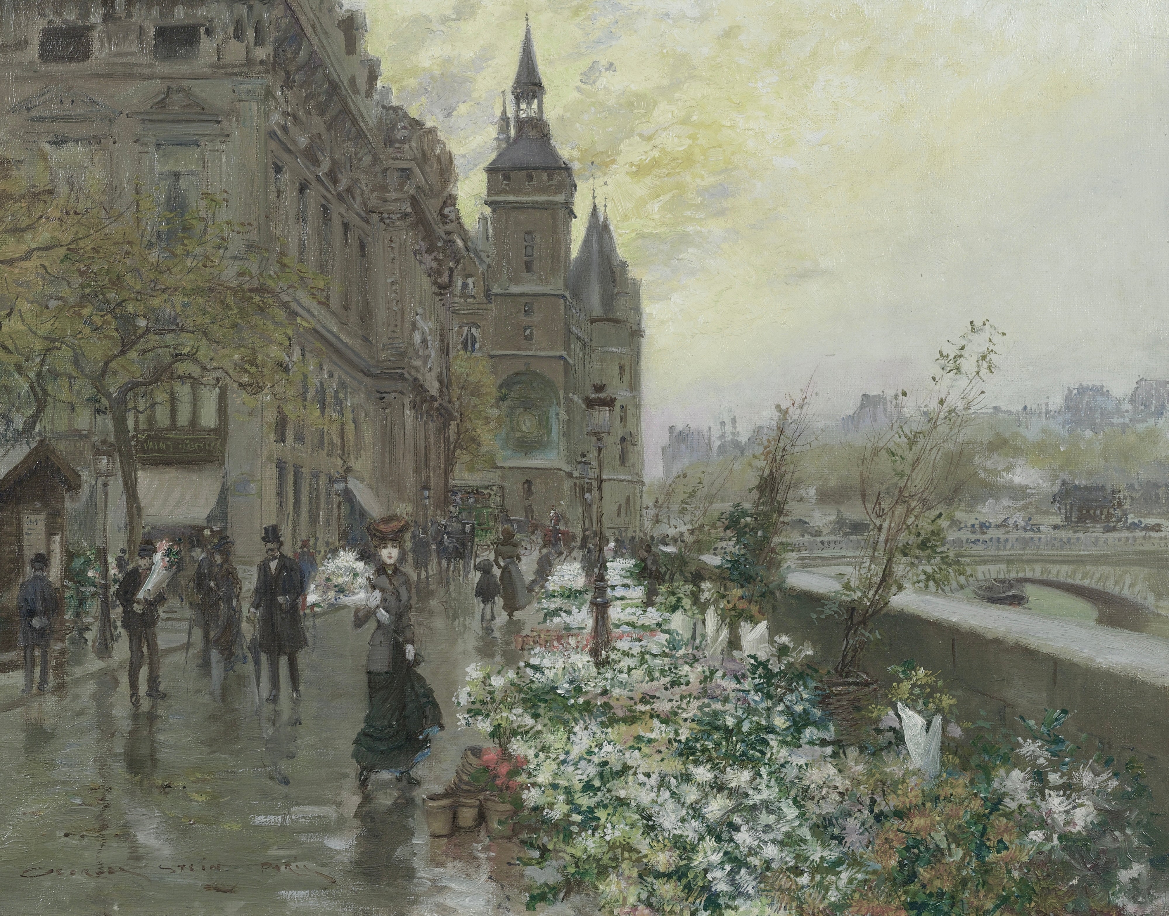 Vinyl Decal, Parisian Riverside Scene Featuring a Bustling Floral Display and Historic Architecture 