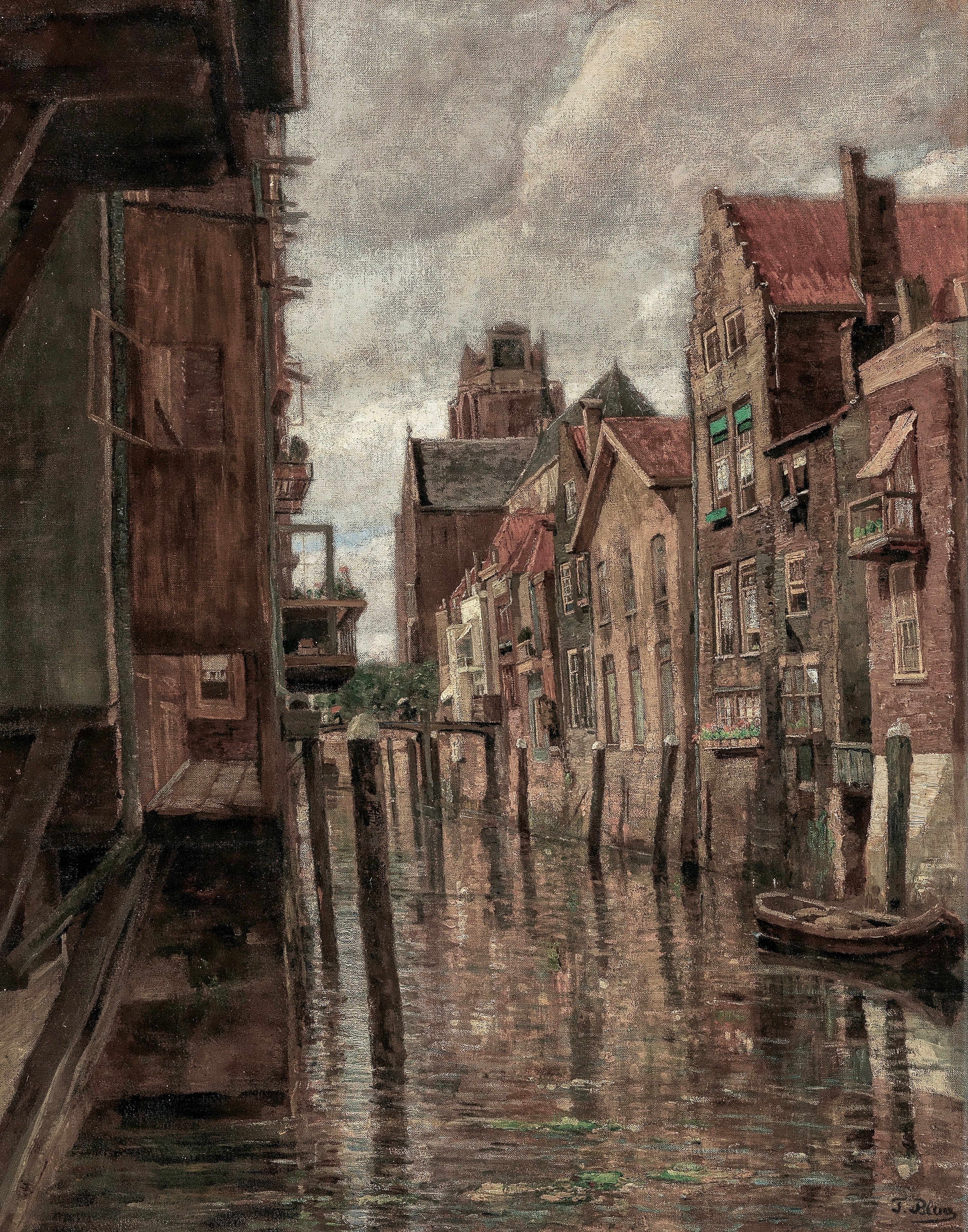 Vinyl Decal, Oil Painting Reproduction of a European Canal Scene with Historic Buildings and Water R